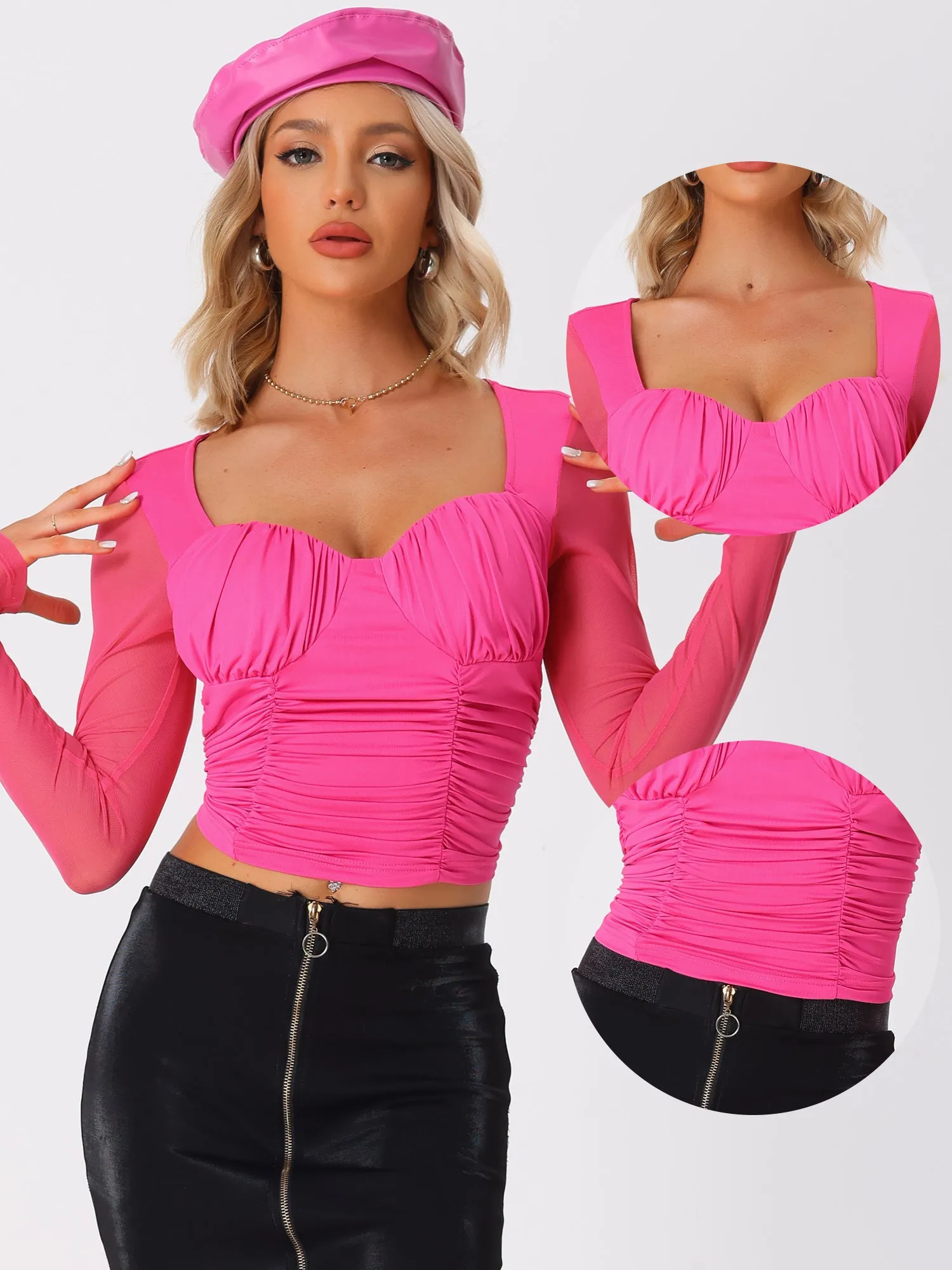 Long Sleeve Mesh Sweetheart Neck Padded Bust Ruched Blouse sold by Allegra K product image thumbnail 2