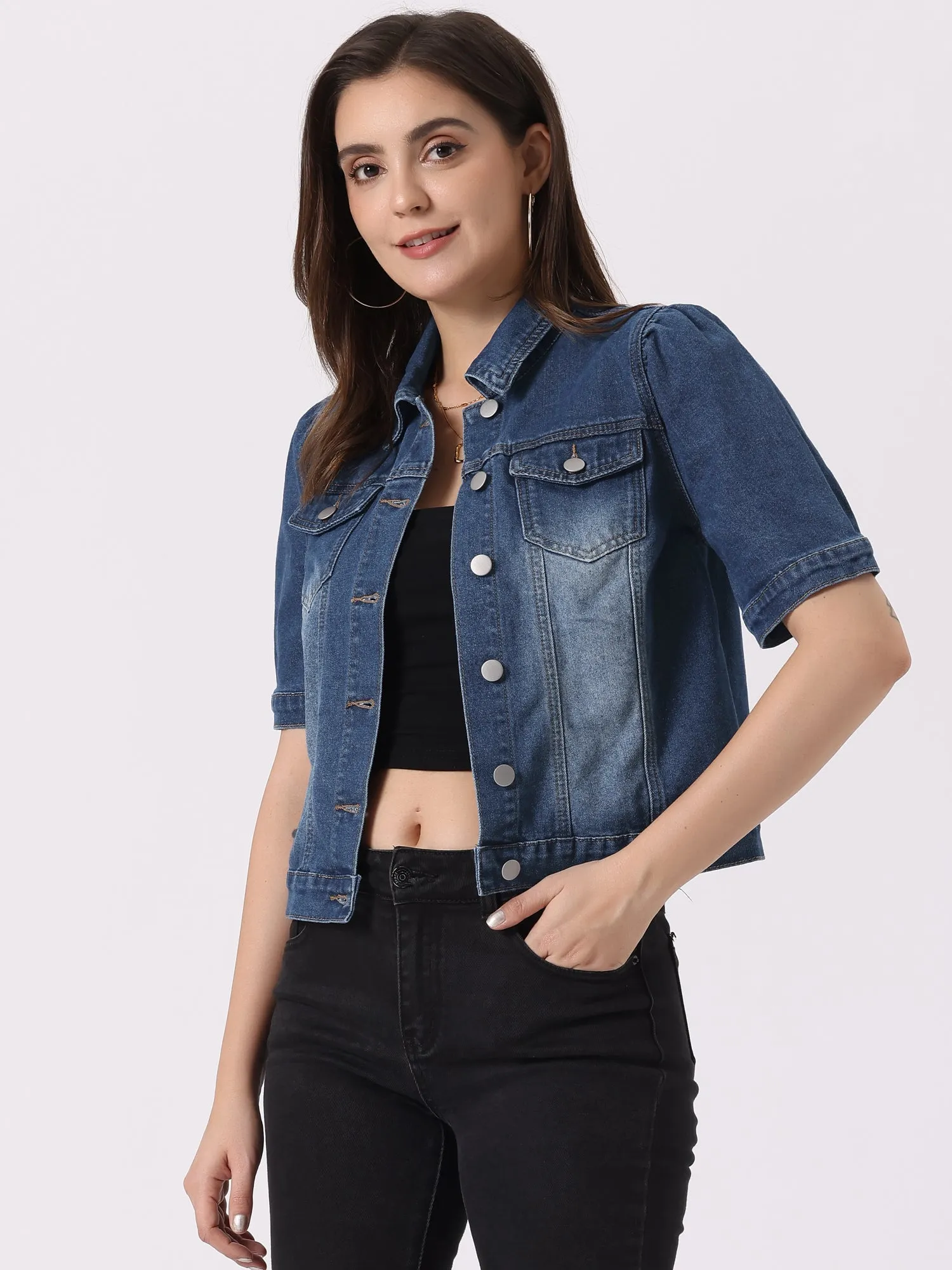 Casual Short Puff Sleeves Button-Down Jean Denim Jacket sold by Allegra K product image thumbnail 4