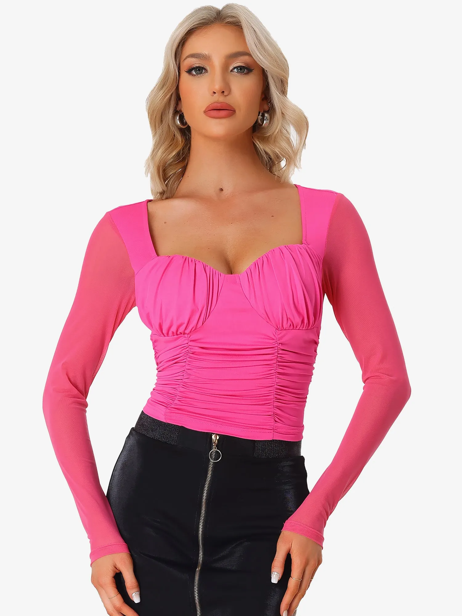 Long Sleeve Mesh Sweetheart Neck Padded Bust Ruched Blouse sold by Allegra K