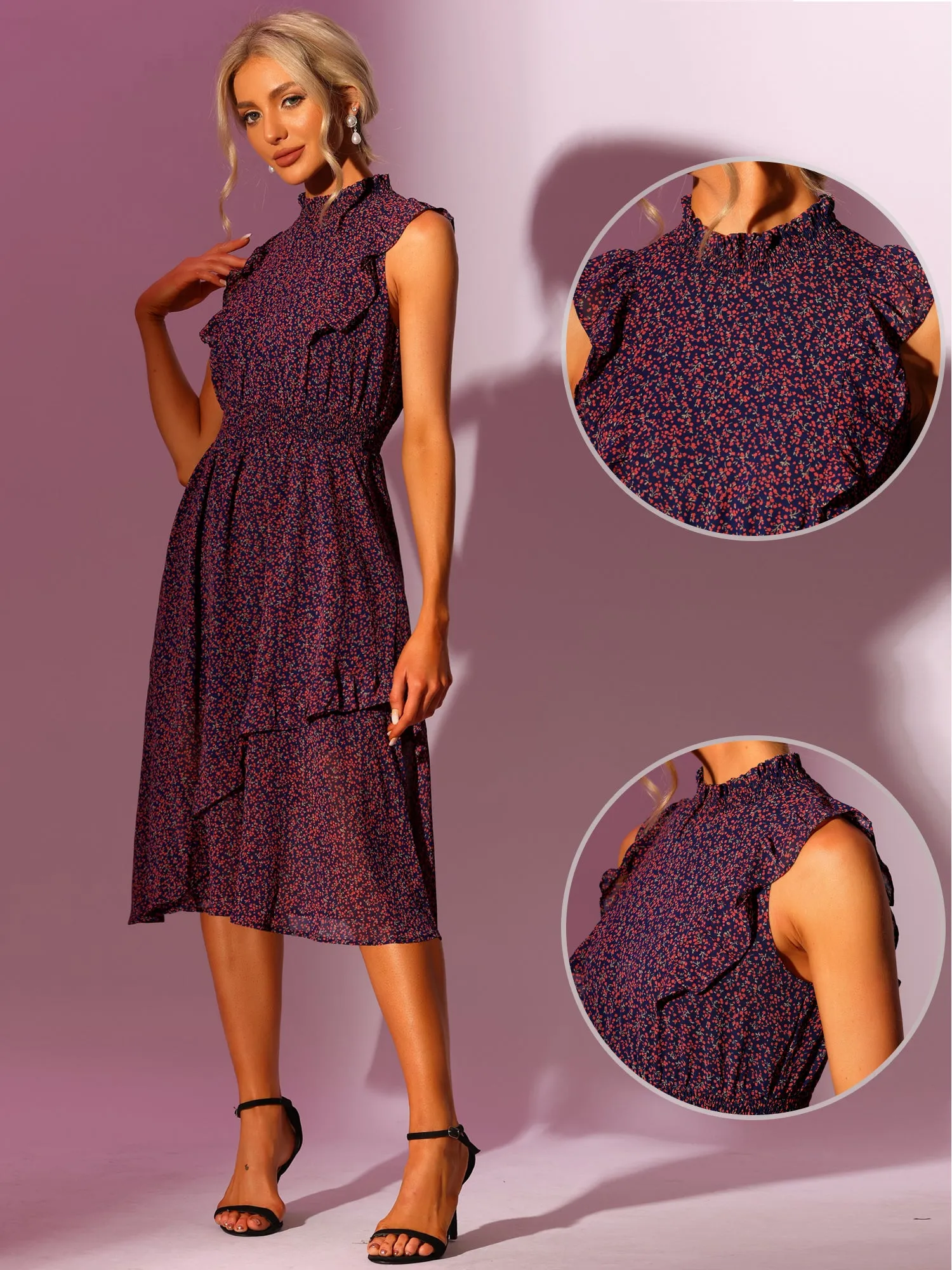 Sleeveless Midi Floral Mock Neck Smocked Waist Ruffled Flowy Dress sold by Allegra K product image thumbnail 2