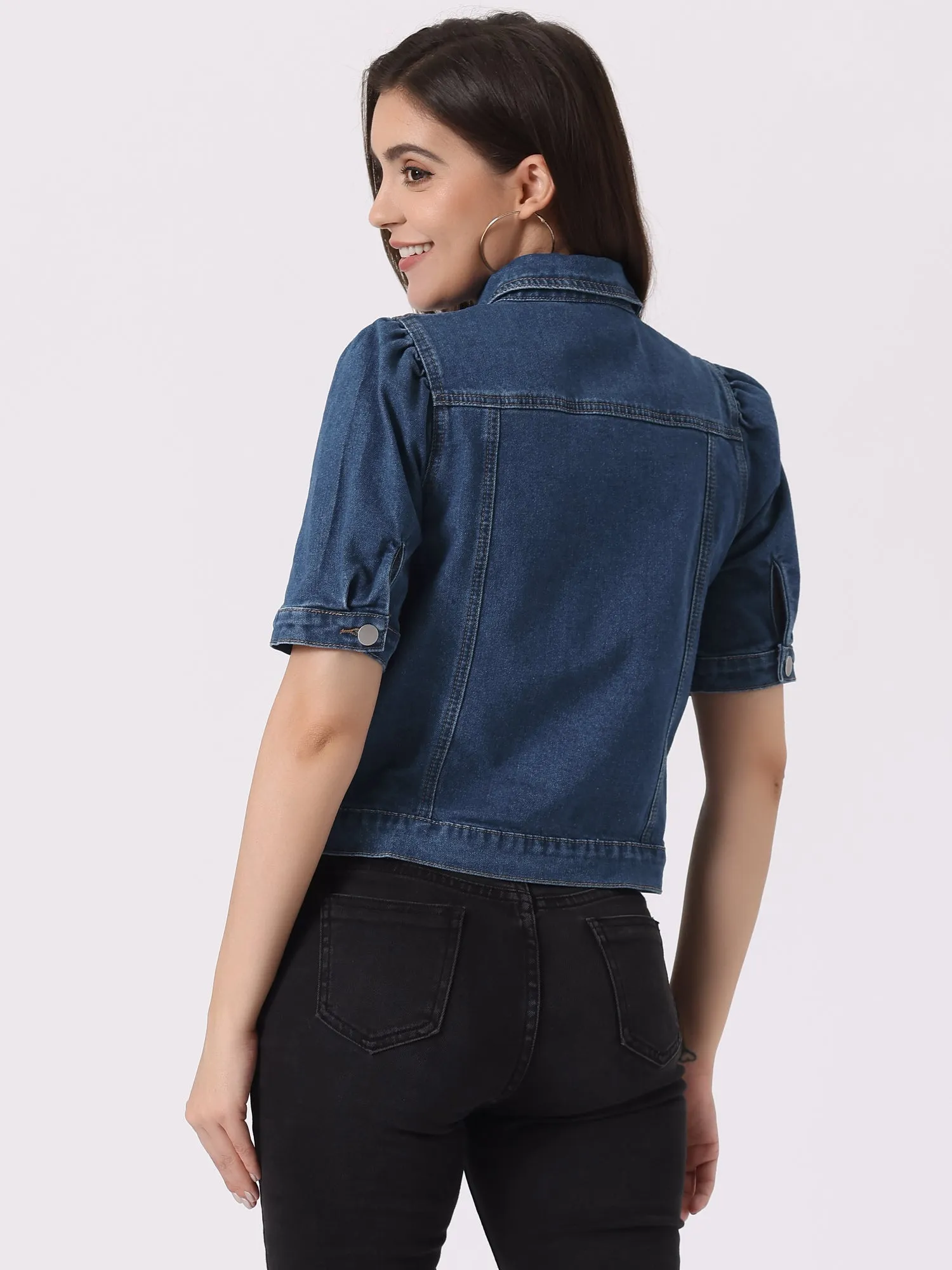 Casual Short Puff Sleeves Button-Down Jean Denim Jacket sold by Allegra K product image thumbnail 3