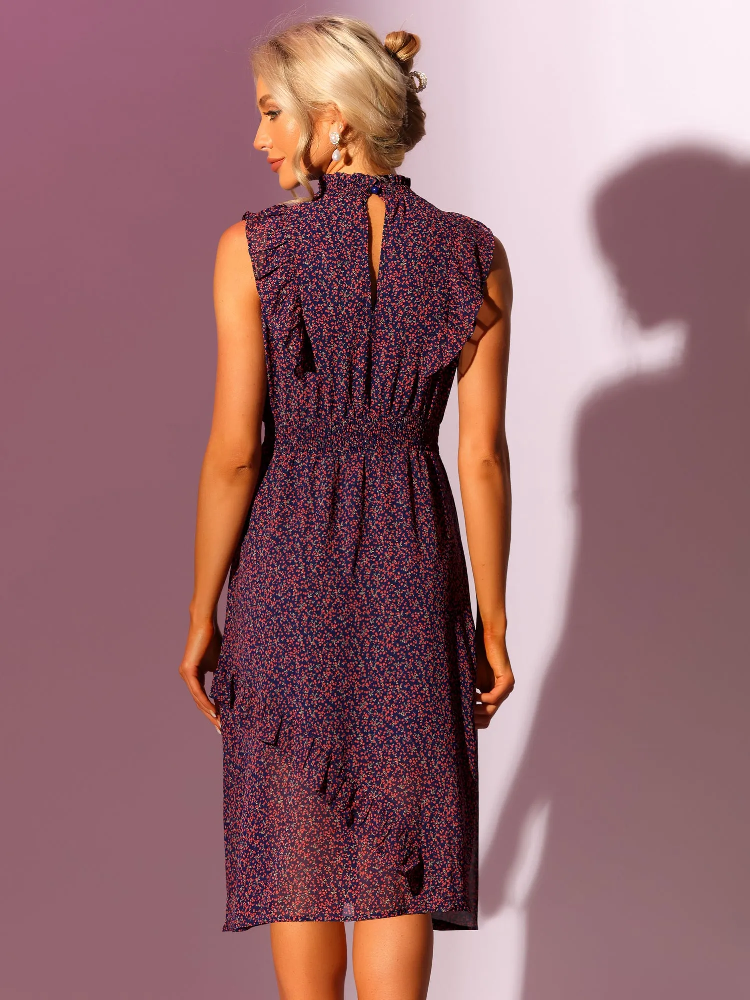 Sleeveless Midi Floral Mock Neck Smocked Waist Ruffled Flowy Dress sold by Allegra K product image thumbnail 3