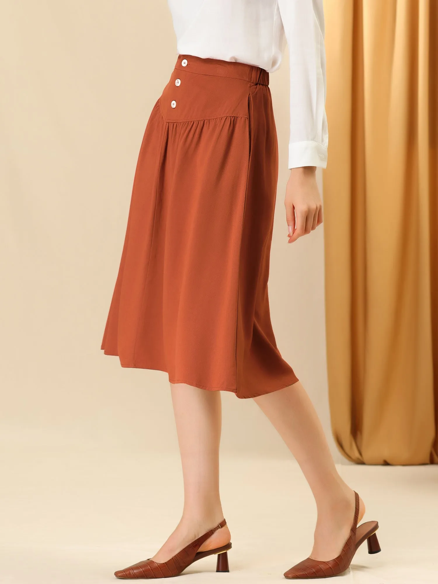 Work Pleated Button Front Elastic Back Elegant A-Line Skirt sold by Allegra K