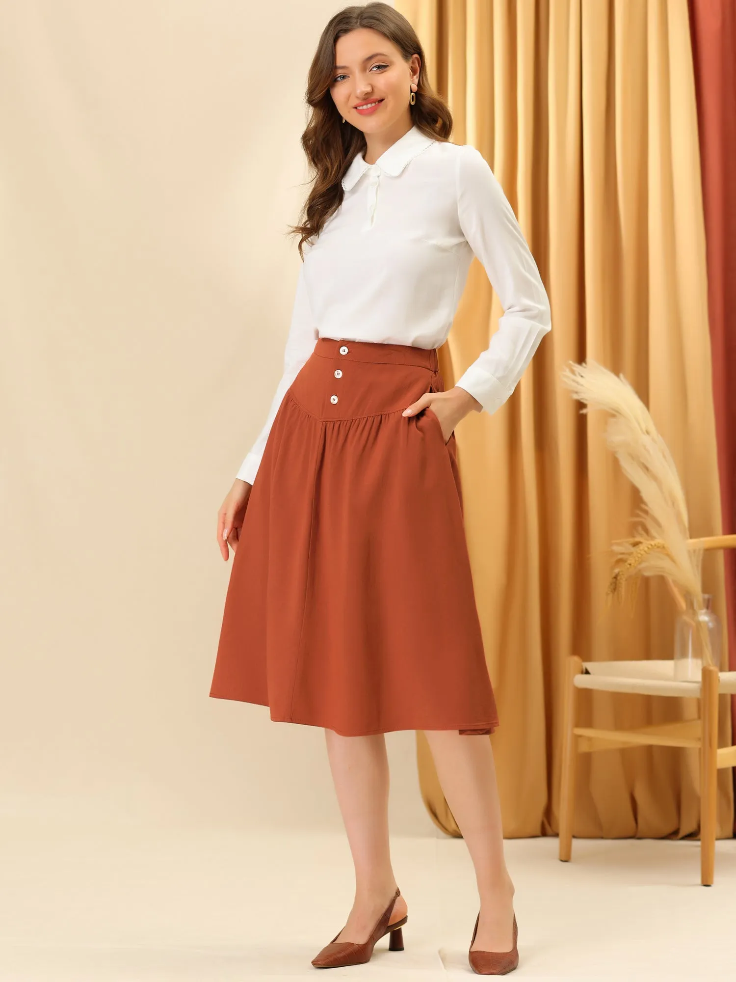Work Pleated Button Front Elastic Back Elegant A-Line Skirt sold by Allegra K product image thumbnail 3
