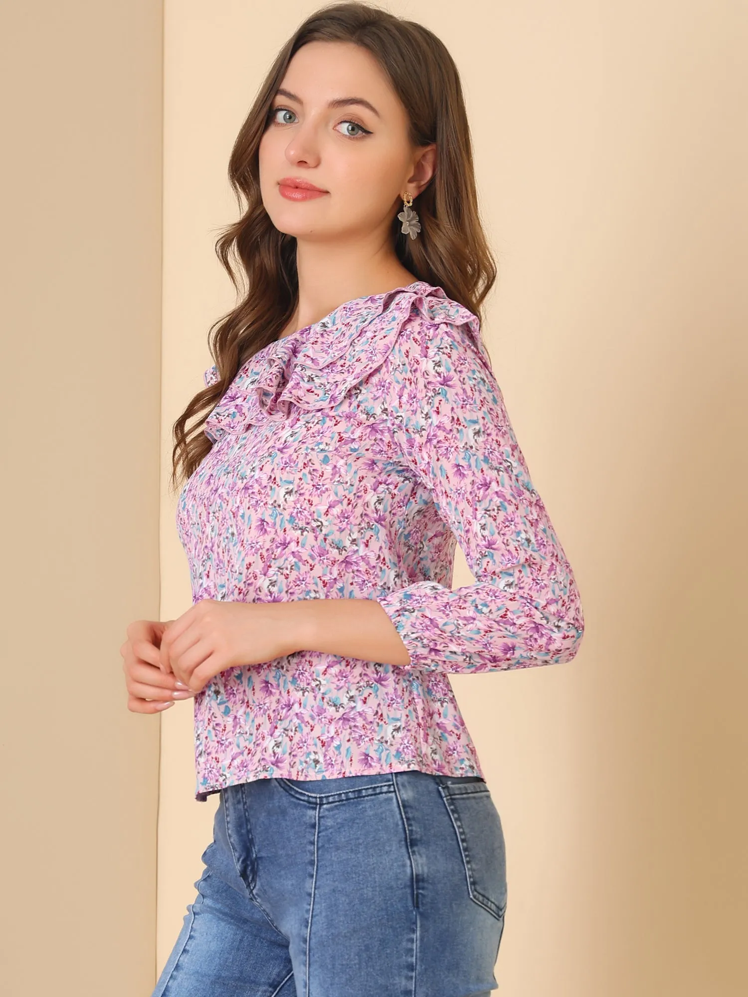 Ruffle Long Sleeve Round Neck Floral Blouse sold by Allegra K product image thumbnail 4