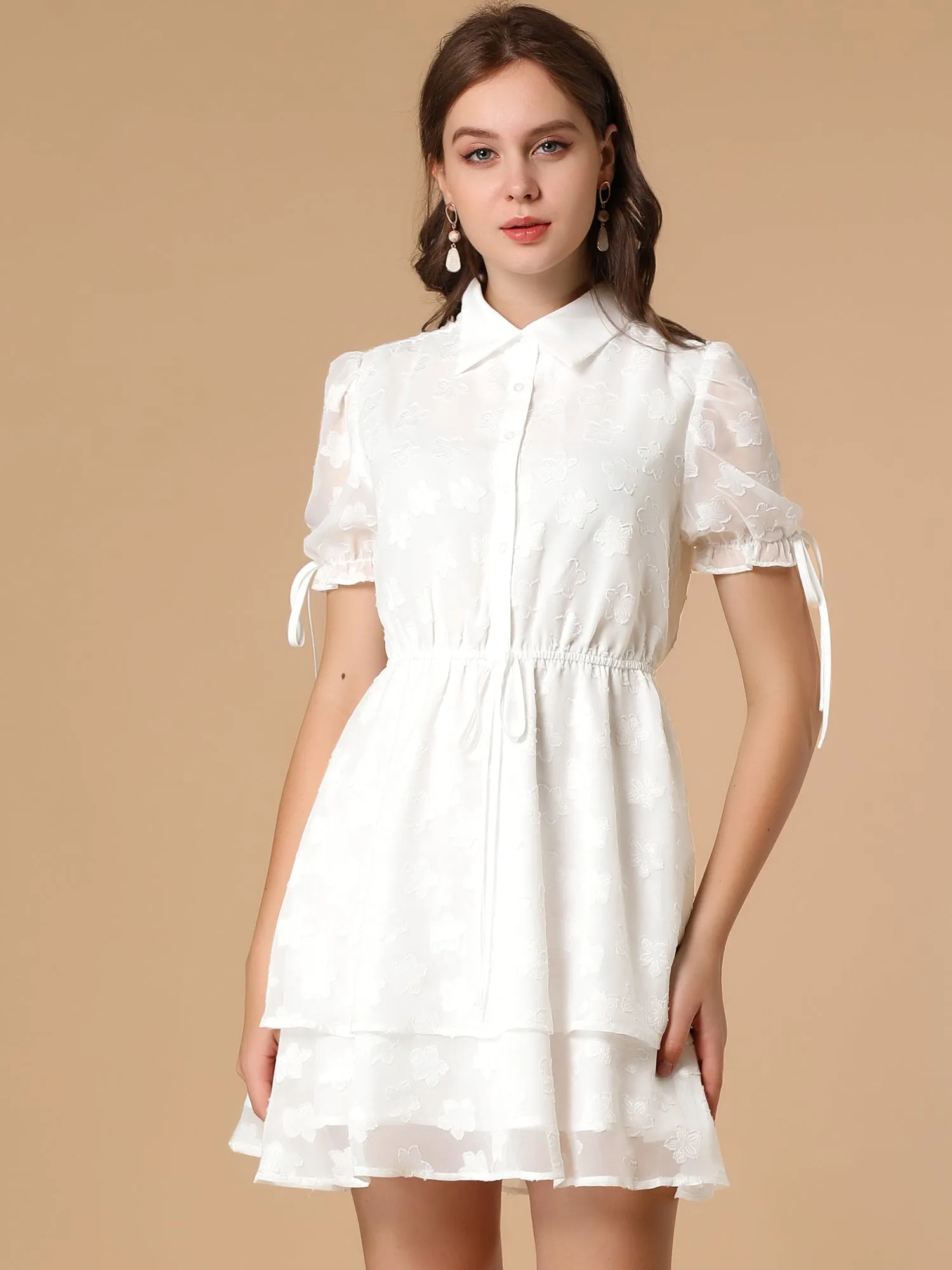 Peter Pan Collar Floral Drawstring Chiffon Layered Dress sold by Allegra K product image thumbnail 2