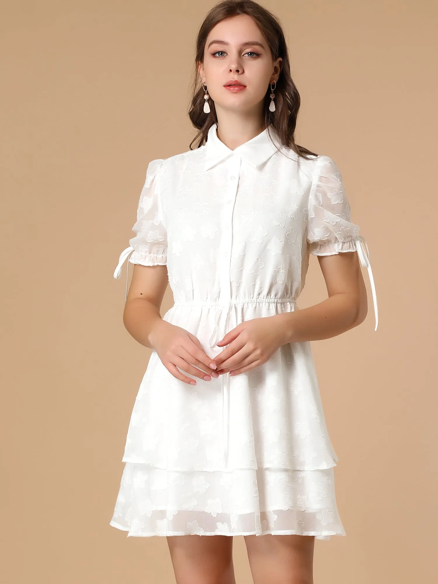 Peter Pan Collar Floral Drawstring Chiffon Layered Dress sold by Allegra K