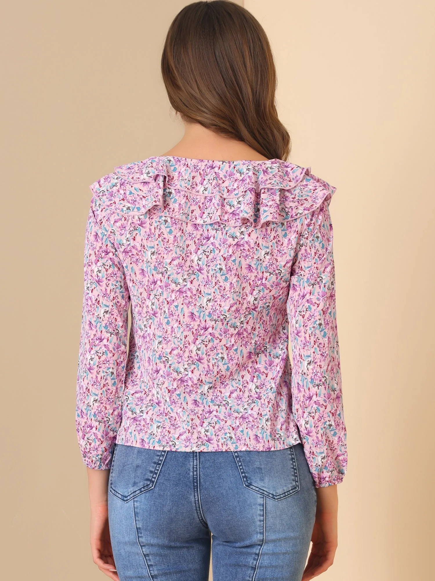 Ruffle Long Sleeve Round Neck Floral Blouse sold by Allegra K product image thumbnail 5
