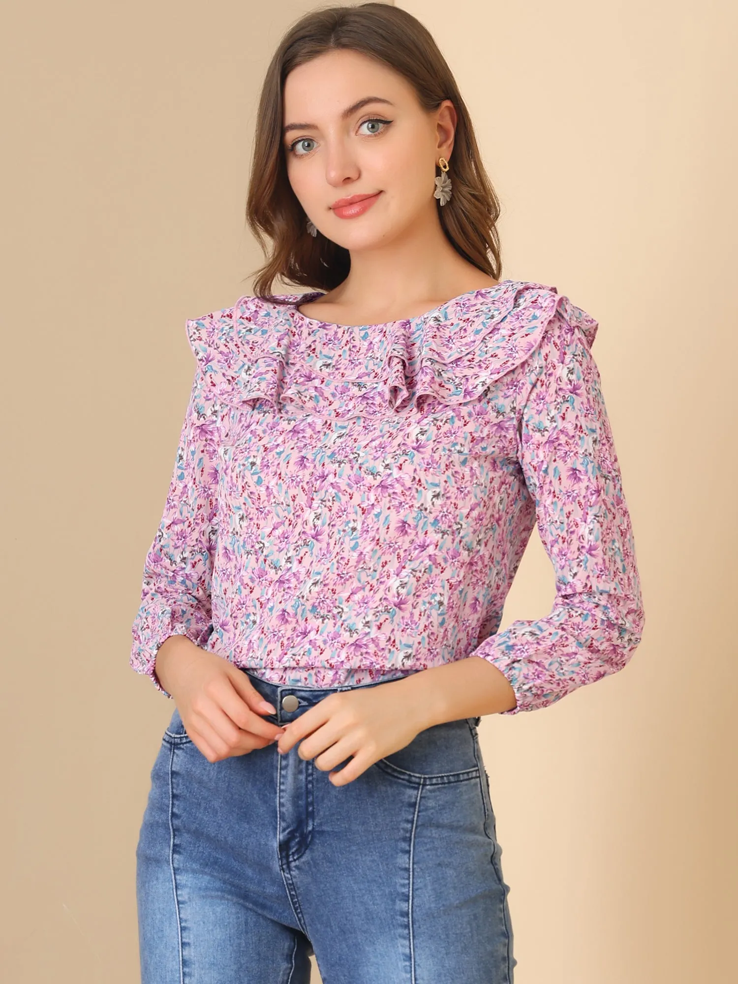 Ruffle Long Sleeve Round Neck Floral Blouse sold by Allegra K product image thumbnail 2