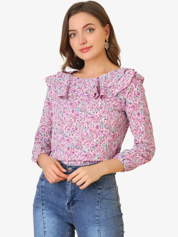 Ruffle Long Sleeve Round Neck Floral Blouse sold by Allegra K