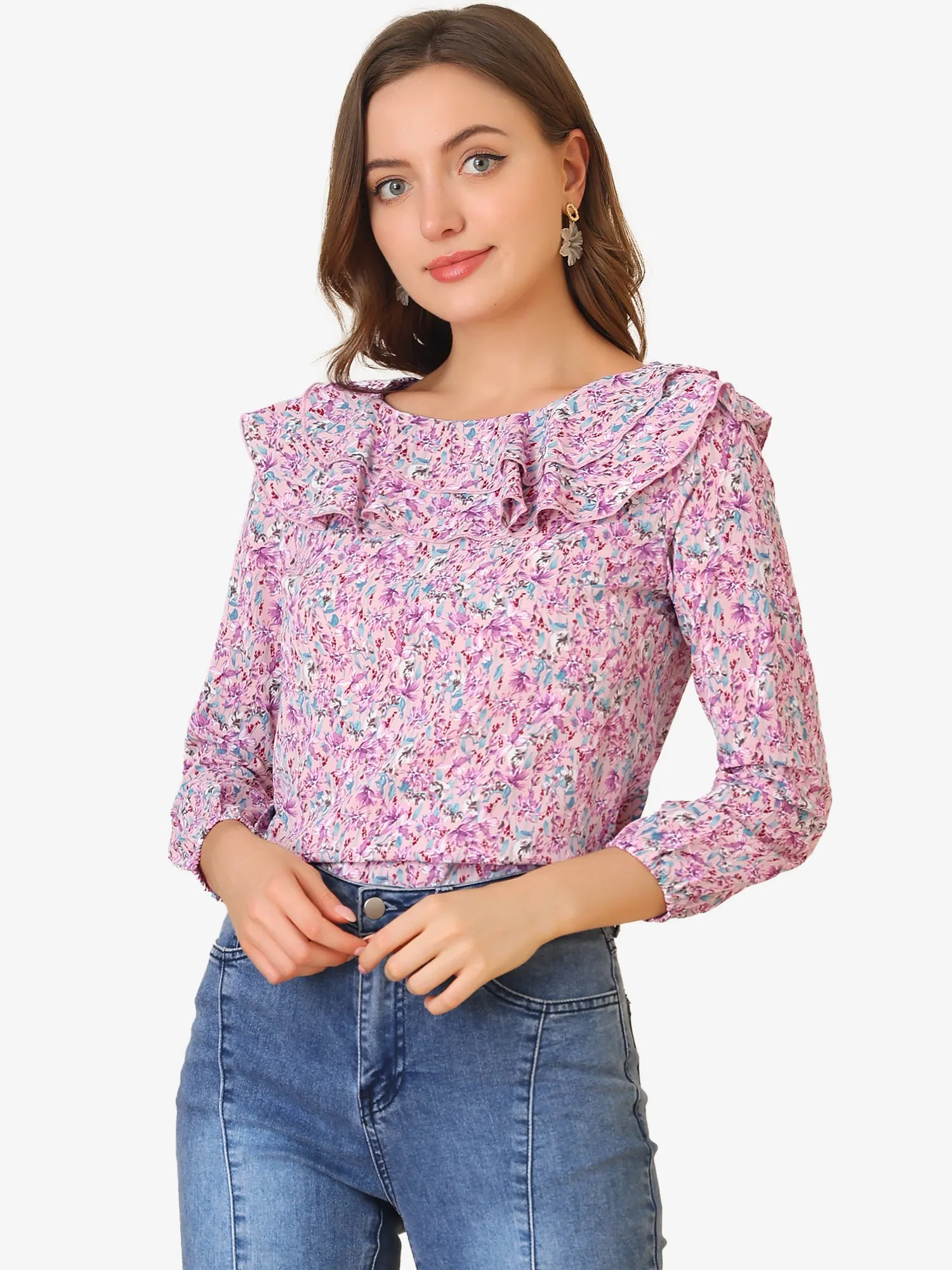 Ruffle Long Sleeve Round Neck Floral Blouse sold by Allegra K