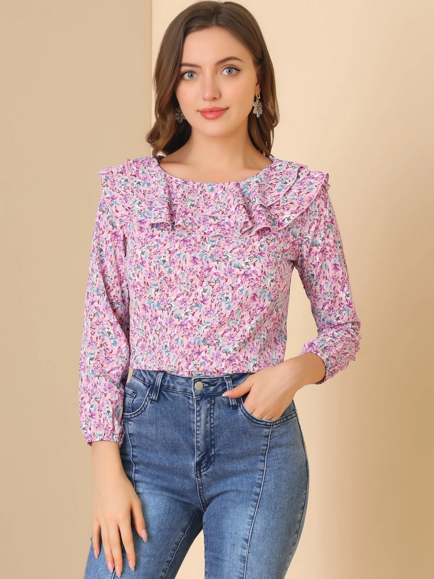 Ruffle Long Sleeve Round Neck Floral Blouse sold by Allegra K product image thumbnail 3