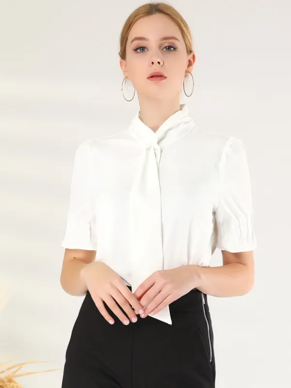 Tie Neck Work Top Puff Sleeve Blouse Eleagnt Button Down Shirt sold by Allegra K