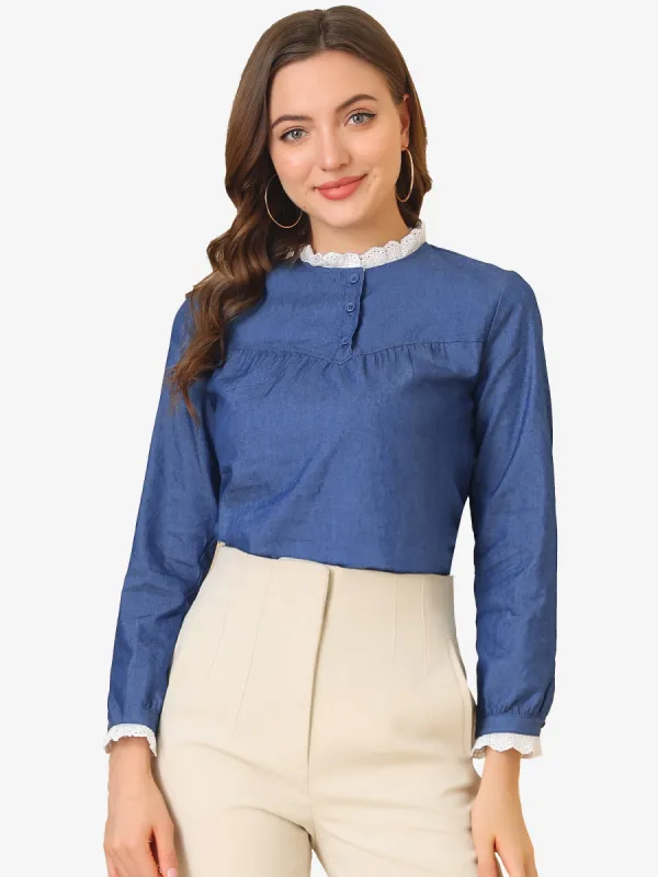 Denim Blouse Lace Frill Neck Puff Long Sleeve Chambray Shirt Top sold by Allegra K