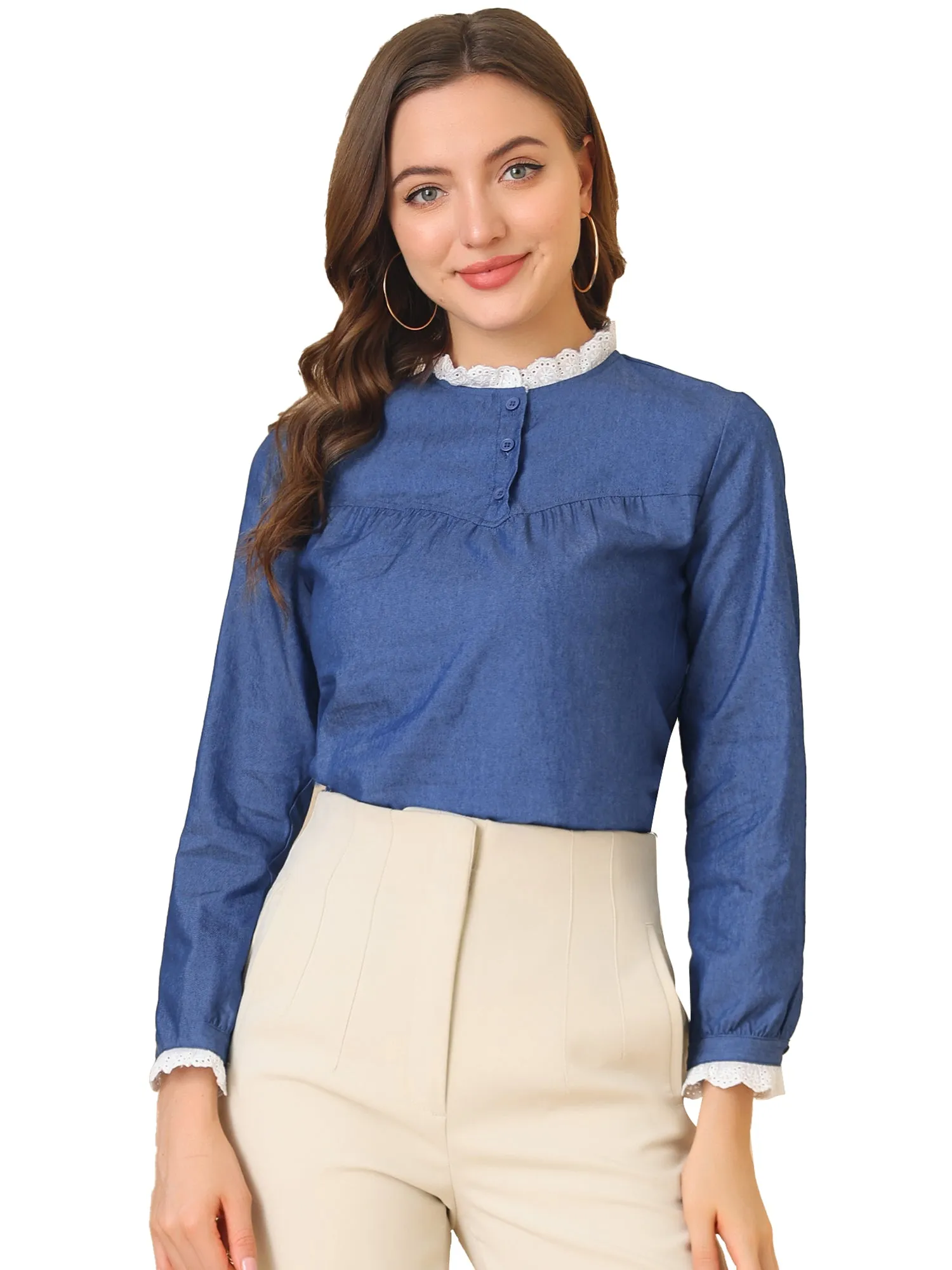 Denim Blouse Lace Frill Neck Puff Long Sleeve Chambray Shirt Top sold by Allegra K product image thumbnail 2
