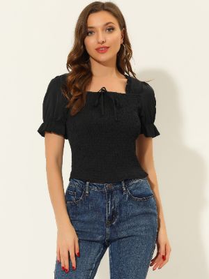Smocked Tops for Square Neck Ruffle Short Sleeve Summer Blouse sold by Allegra K
