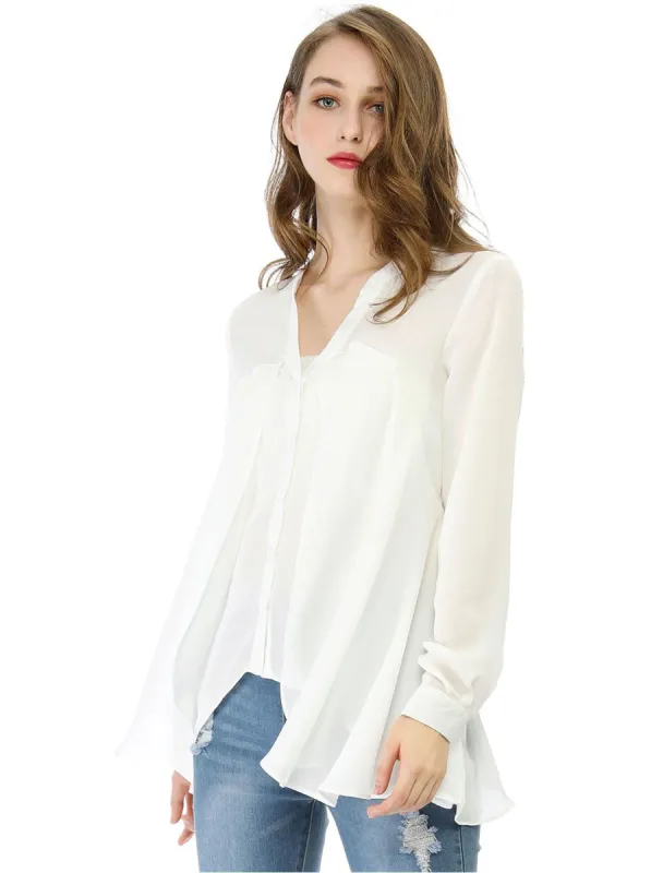 V Neck Long Sleeve Layered Chiffon Swing Blouse Tube Top sold by Allegra K