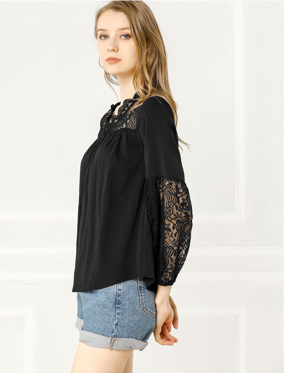 Lace Floral Blouse Top V Neck Long Puff Sleeve Shirt sold by Allegra K product image thumbnail 3