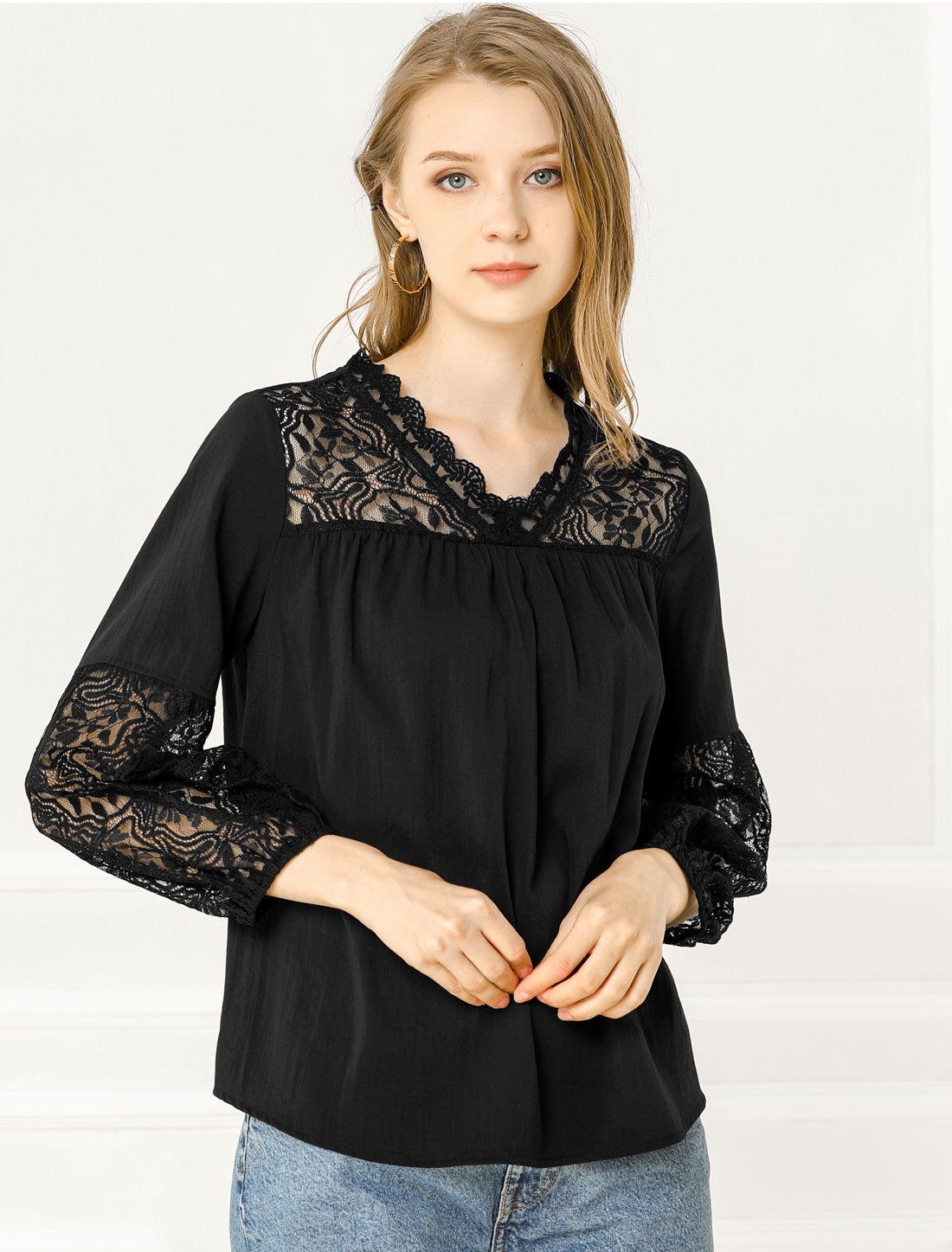 Lace Floral Blouse Top V Neck Long Puff Sleeve Shirt sold by Allegra K