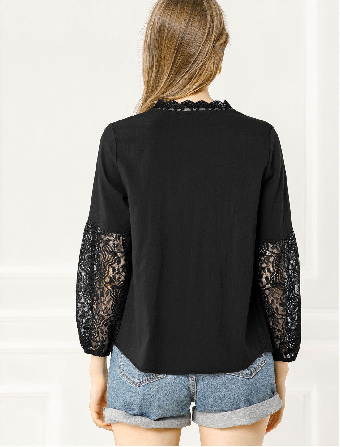 Lace Floral Blouse Top V Neck Long Puff Sleeve Shirt sold by Allegra K product image thumbnail 4