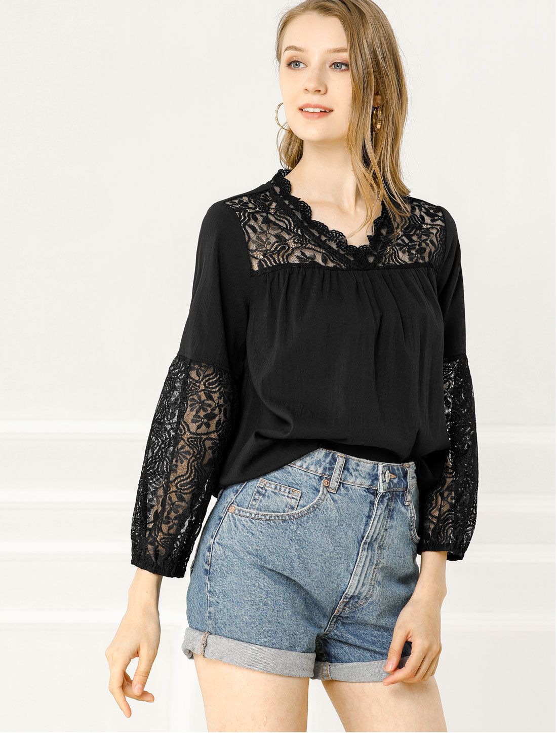 Lace Floral Blouse Top V Neck Long Puff Sleeve Shirt sold by Allegra K product image thumbnail 2