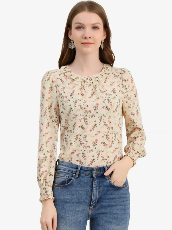 Puff Sleeve Top Elegant Floral Print Smocked Cuffs Ruffle Neck Blouse sold by Allegra K