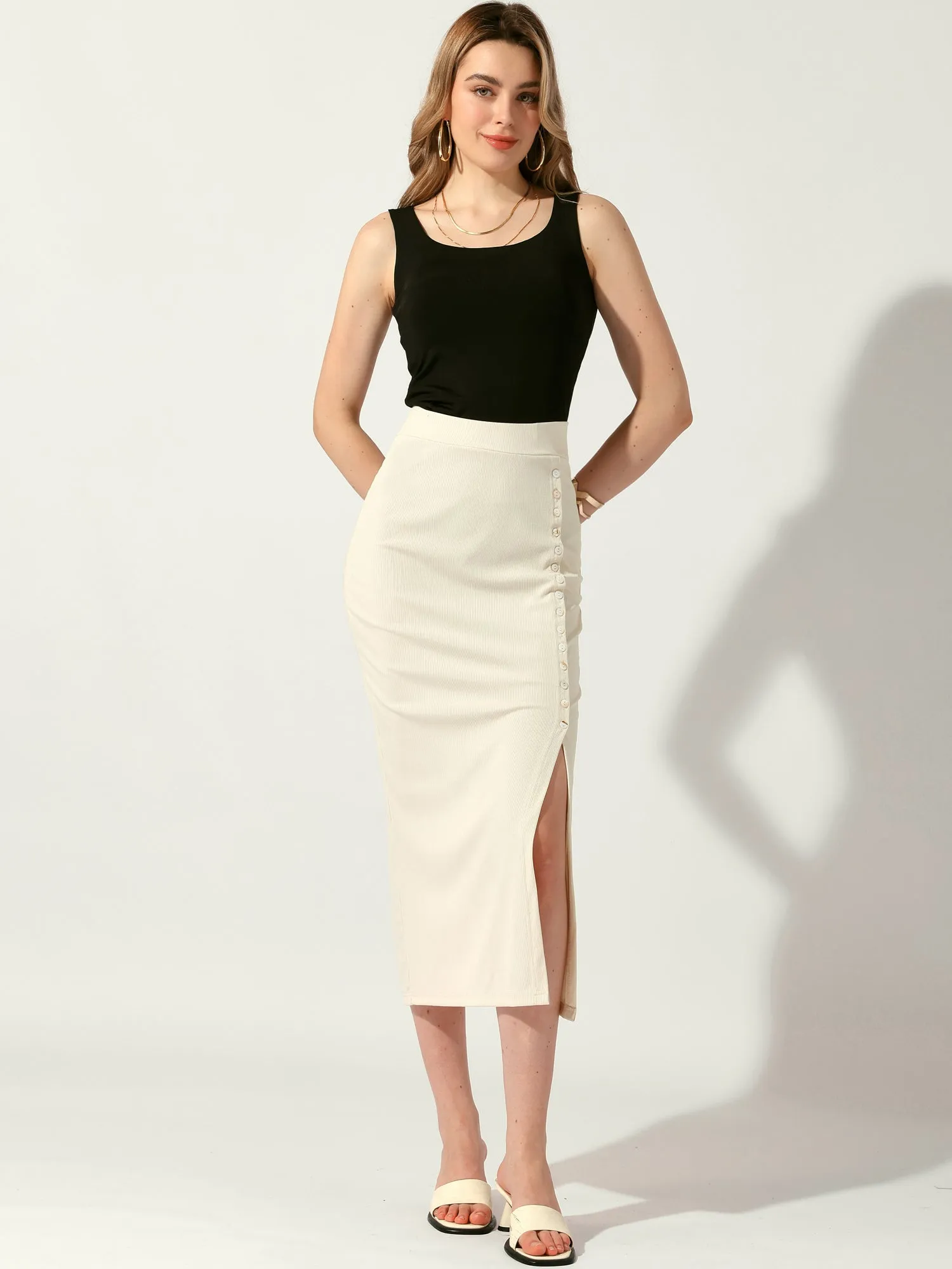 Pencil Basic Skirt Midi Casual Side Split Ribbed Knit Bodycon Skirts sold by Allegra K product image thumbnail 2
