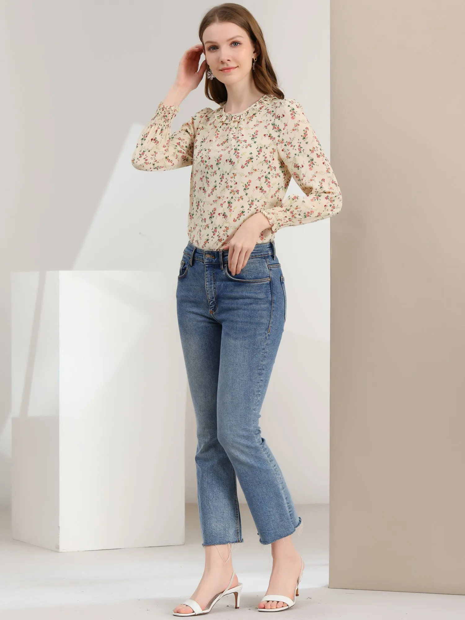 Puff Sleeve Top Elegant Floral Print Smocked Cuffs Ruffle Neck Blouse sold by Allegra K product image thumbnail 3