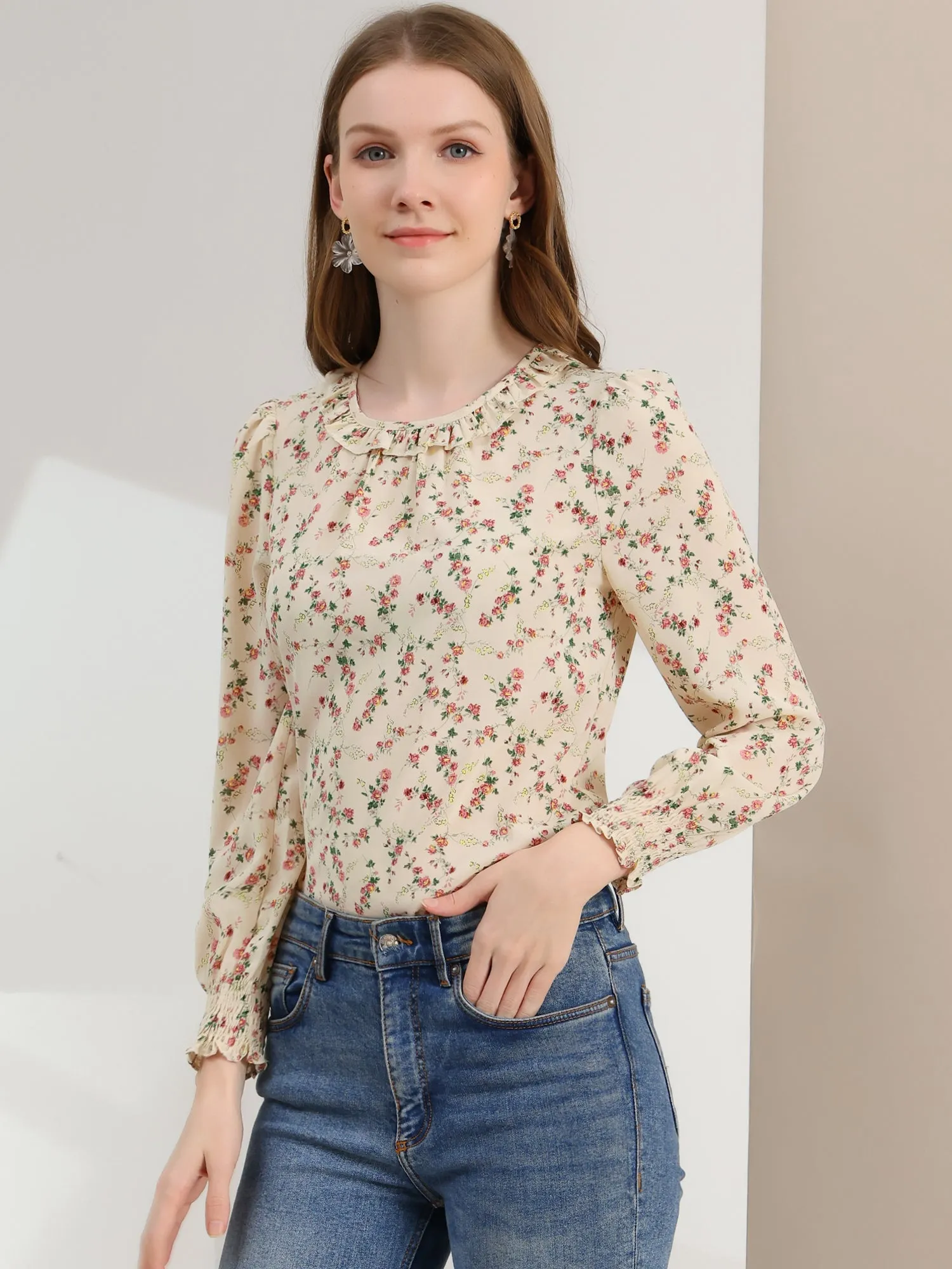 Puff Sleeve Top Elegant Floral Print Smocked Cuffs Ruffle Neck Blouse sold by Allegra K product image thumbnail 2