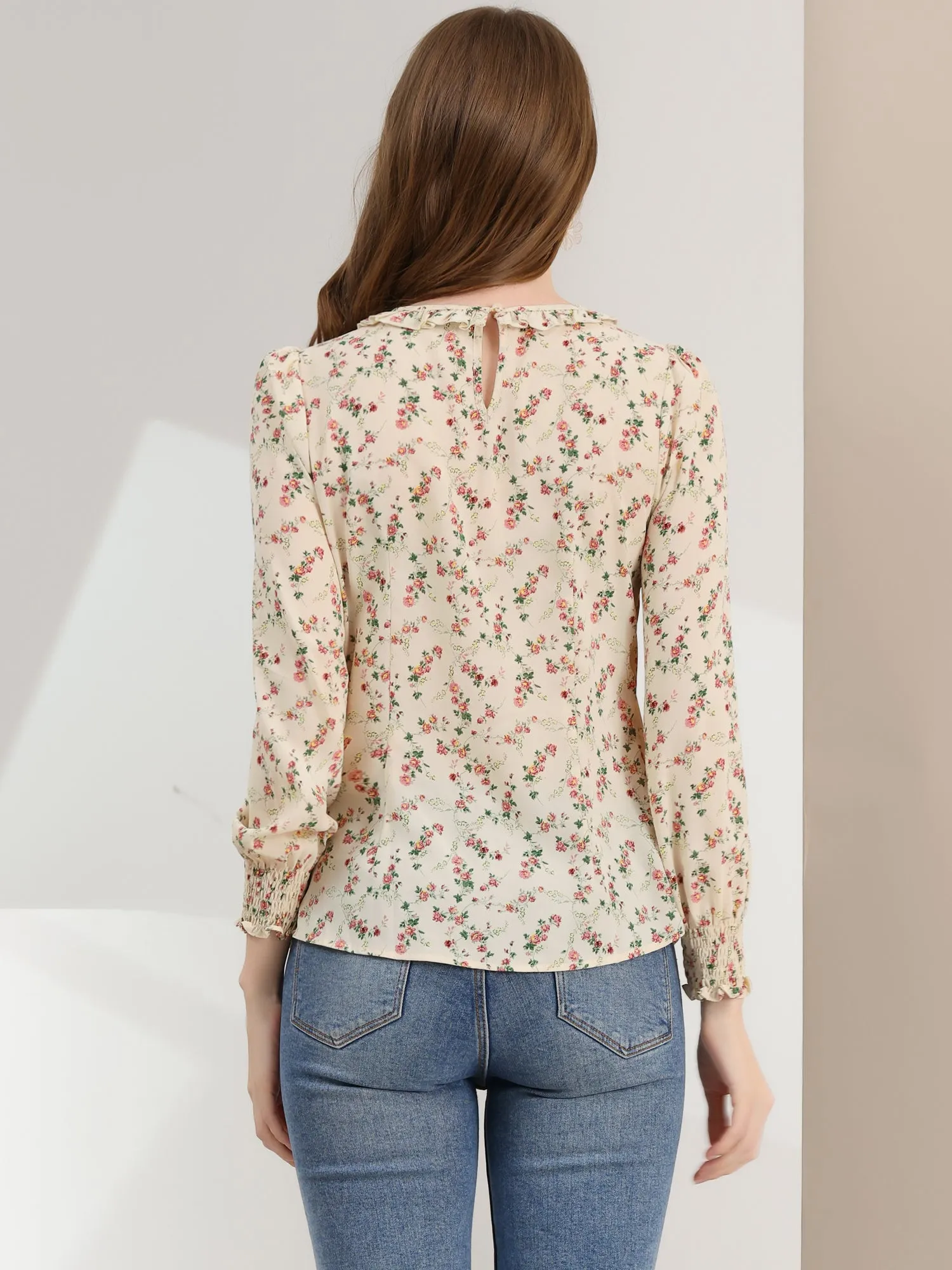 Puff Sleeve Top Elegant Floral Print Smocked Cuffs Ruffle Neck Blouse sold by Allegra K product image thumbnail 5