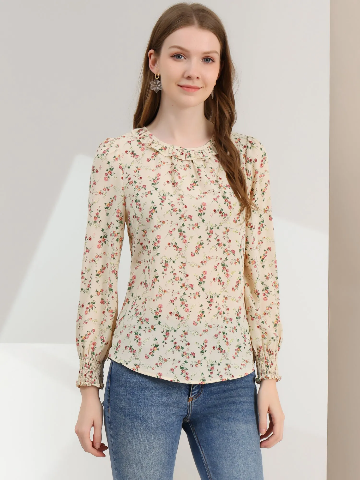 Puff Sleeve Top Elegant Floral Print Smocked Cuffs Ruffle Neck Blouse sold by Allegra K product image thumbnail 4