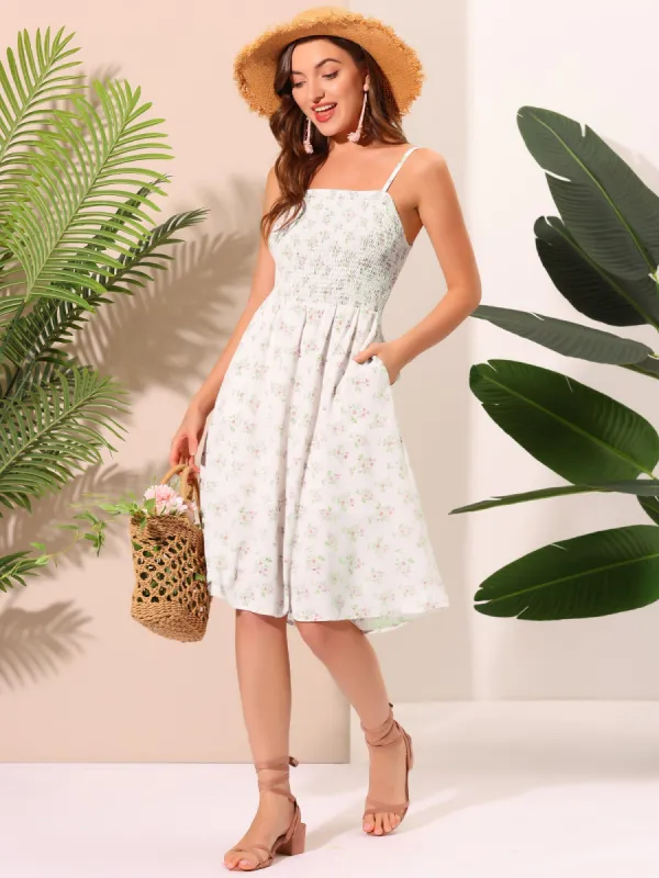 Spaghetti Strap Smocked Pockets Floral Dress Sundress sold by Allegra K