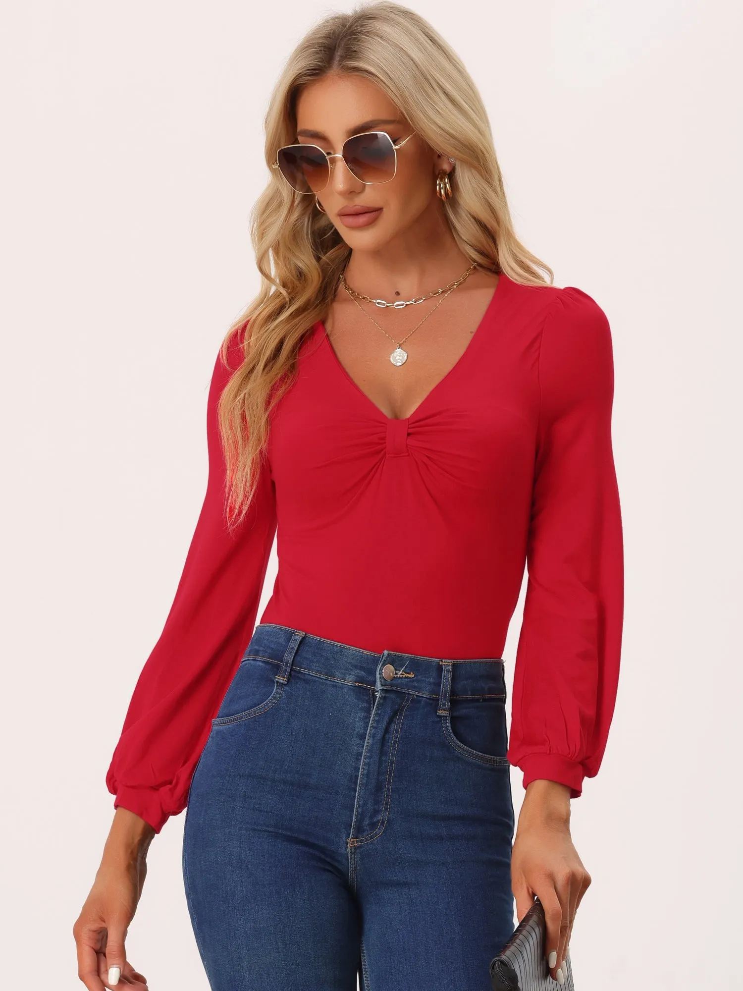 V Neck Long Lantern Sleeve Bow Ruched Front Soft Fitted Blouse sold by Allegra K