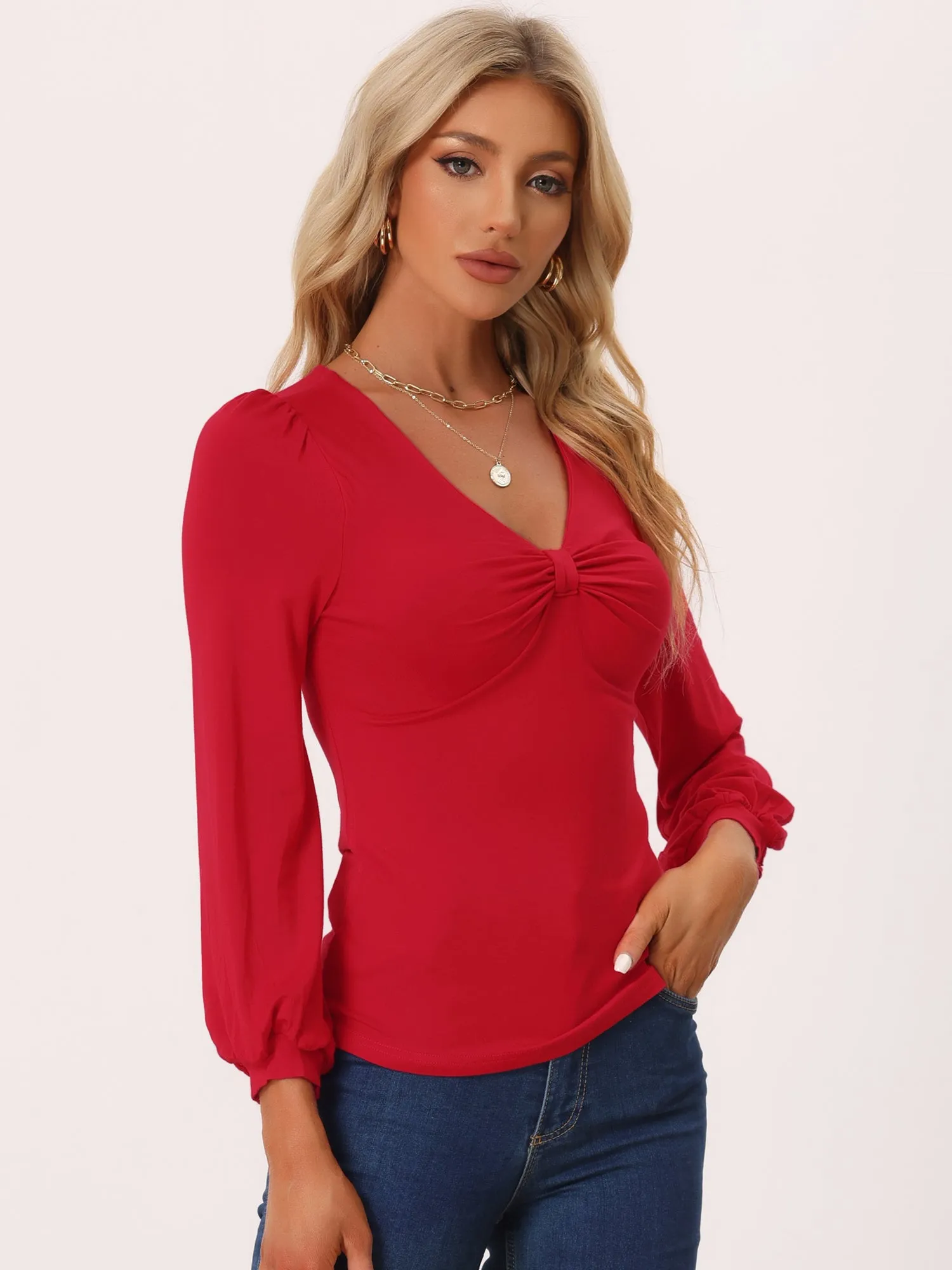 V Neck Long Lantern Sleeve Bow Ruched Front Soft Fitted Blouse sold by Allegra K product image thumbnail 2