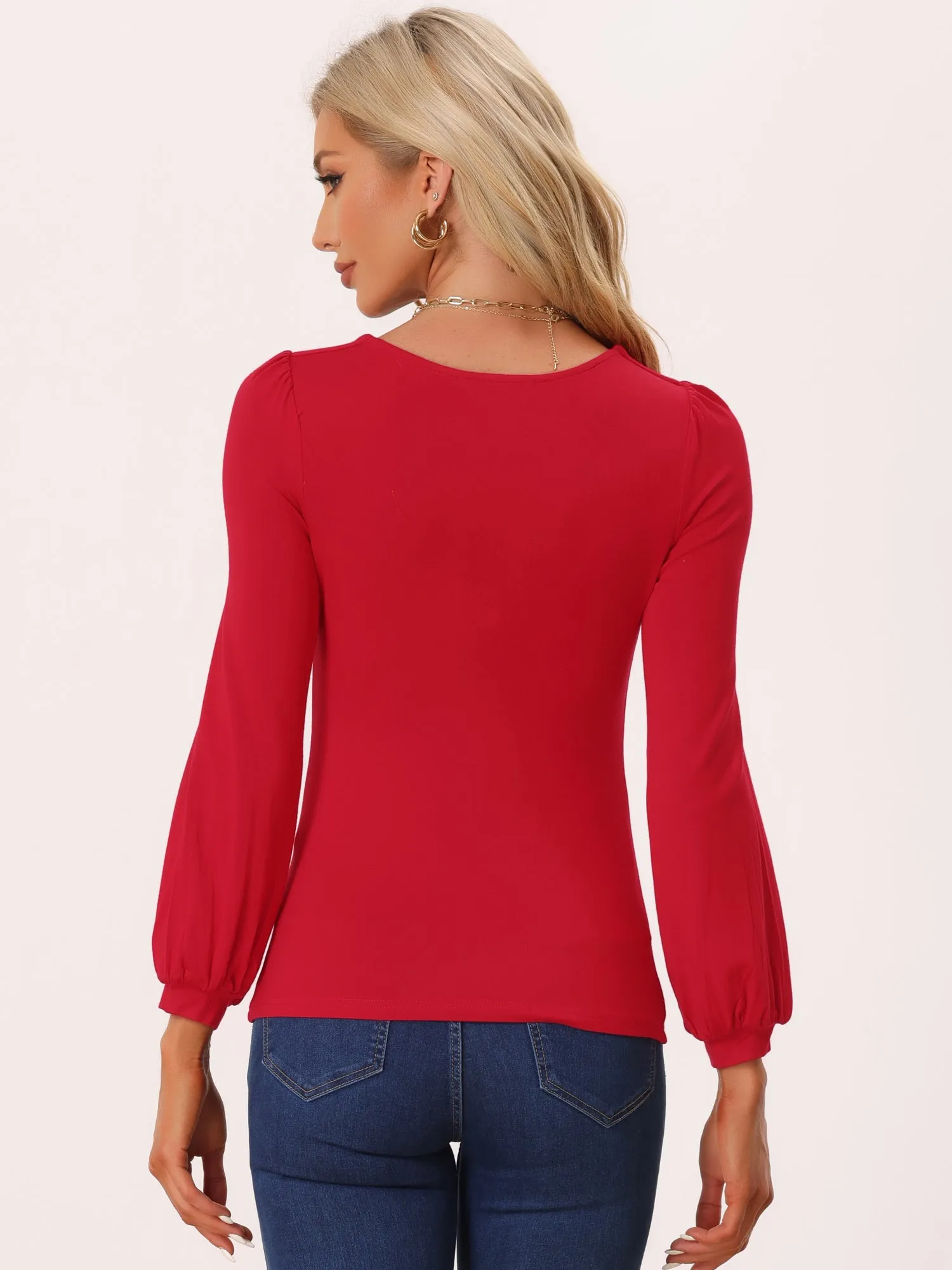 V Neck Long Lantern Sleeve Bow Ruched Front Soft Fitted Blouse sold by Allegra K product image thumbnail 3