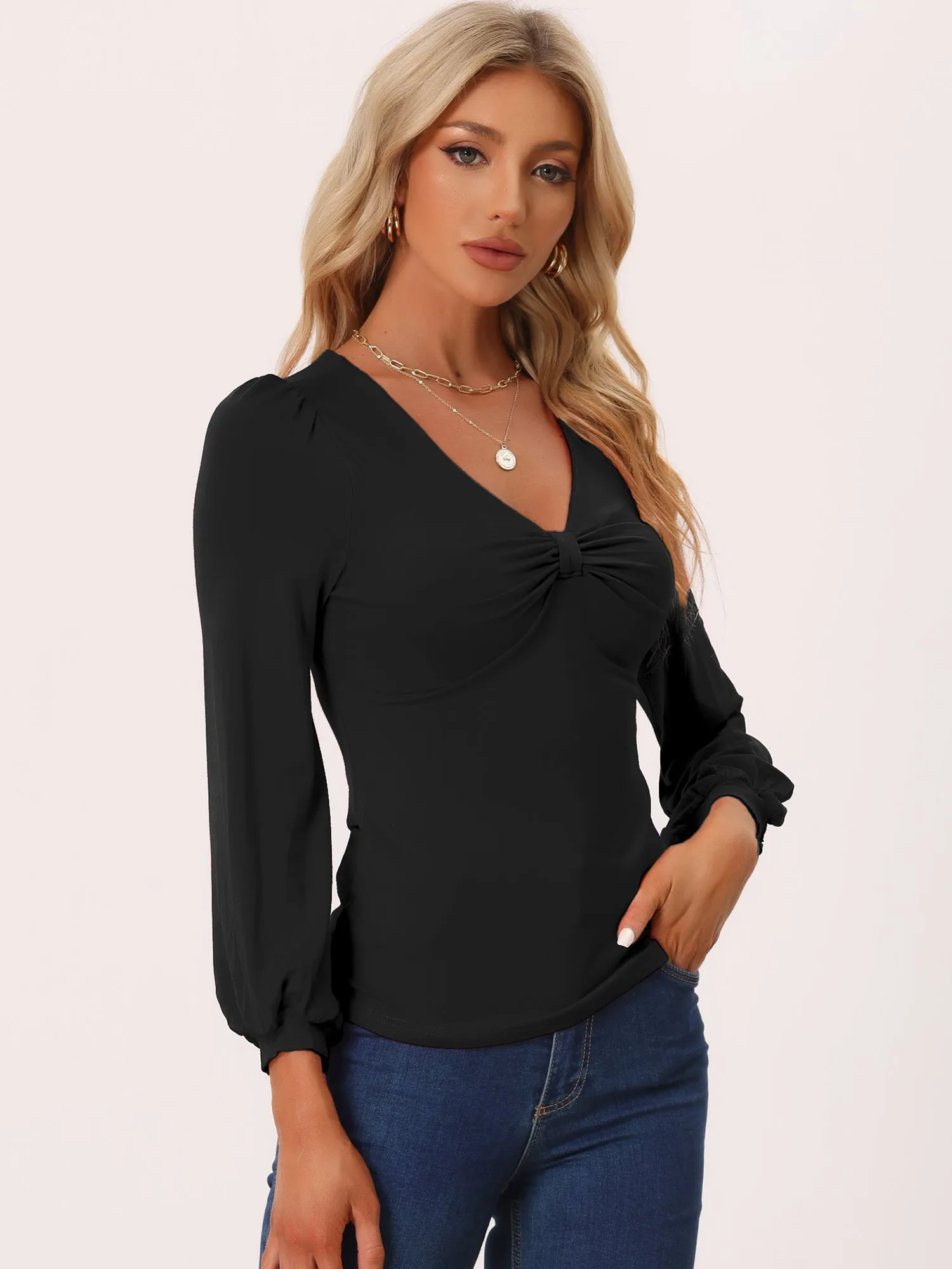 V Neck Long Lantern Sleeve Bow Ruched Front Soft Fitted Blouse sold by Allegra K product image thumbnail 5