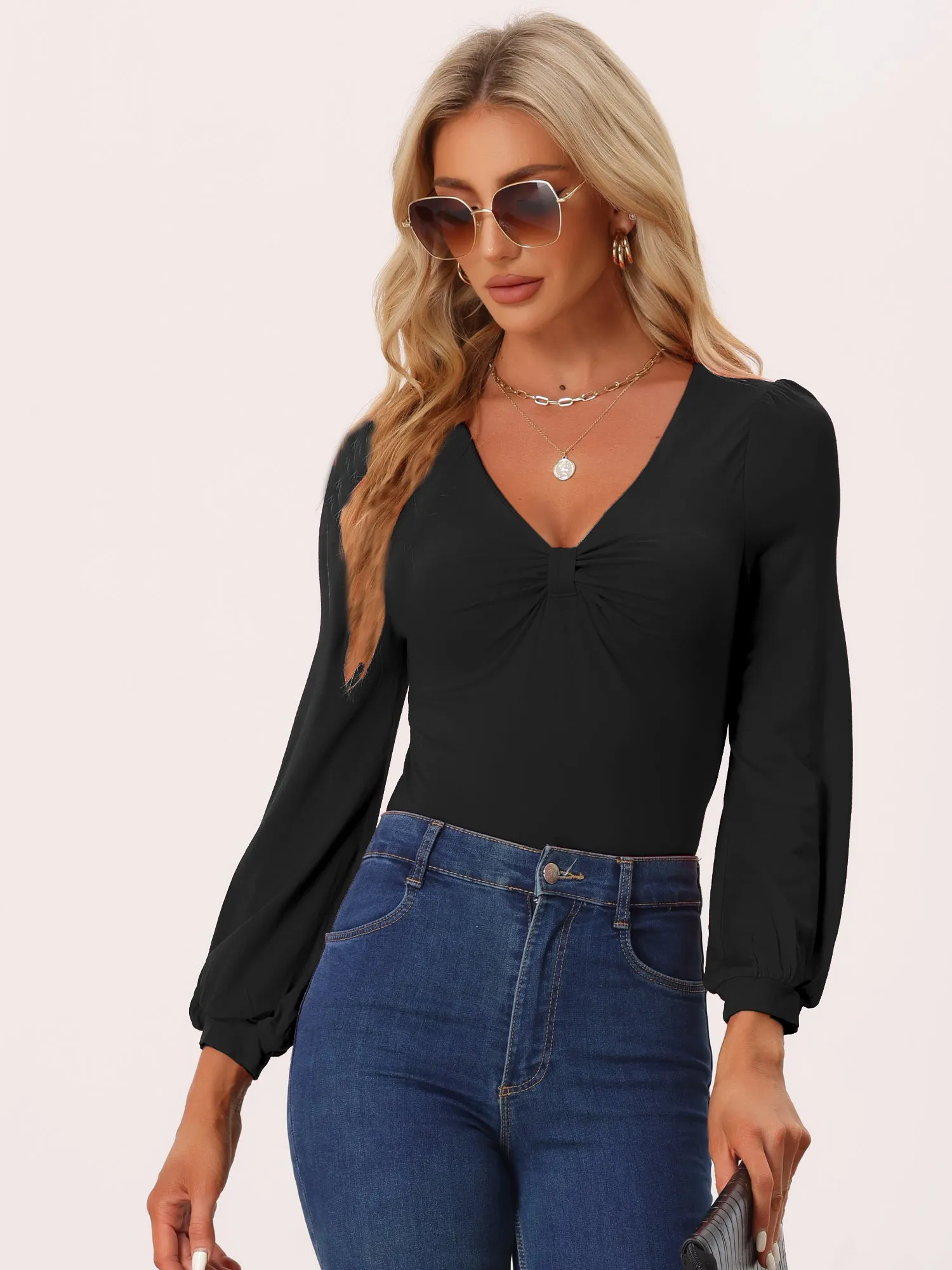 V Neck Long Lantern Sleeve Bow Ruched Front Soft Fitted Blouse sold by Allegra K product image thumbnail 4