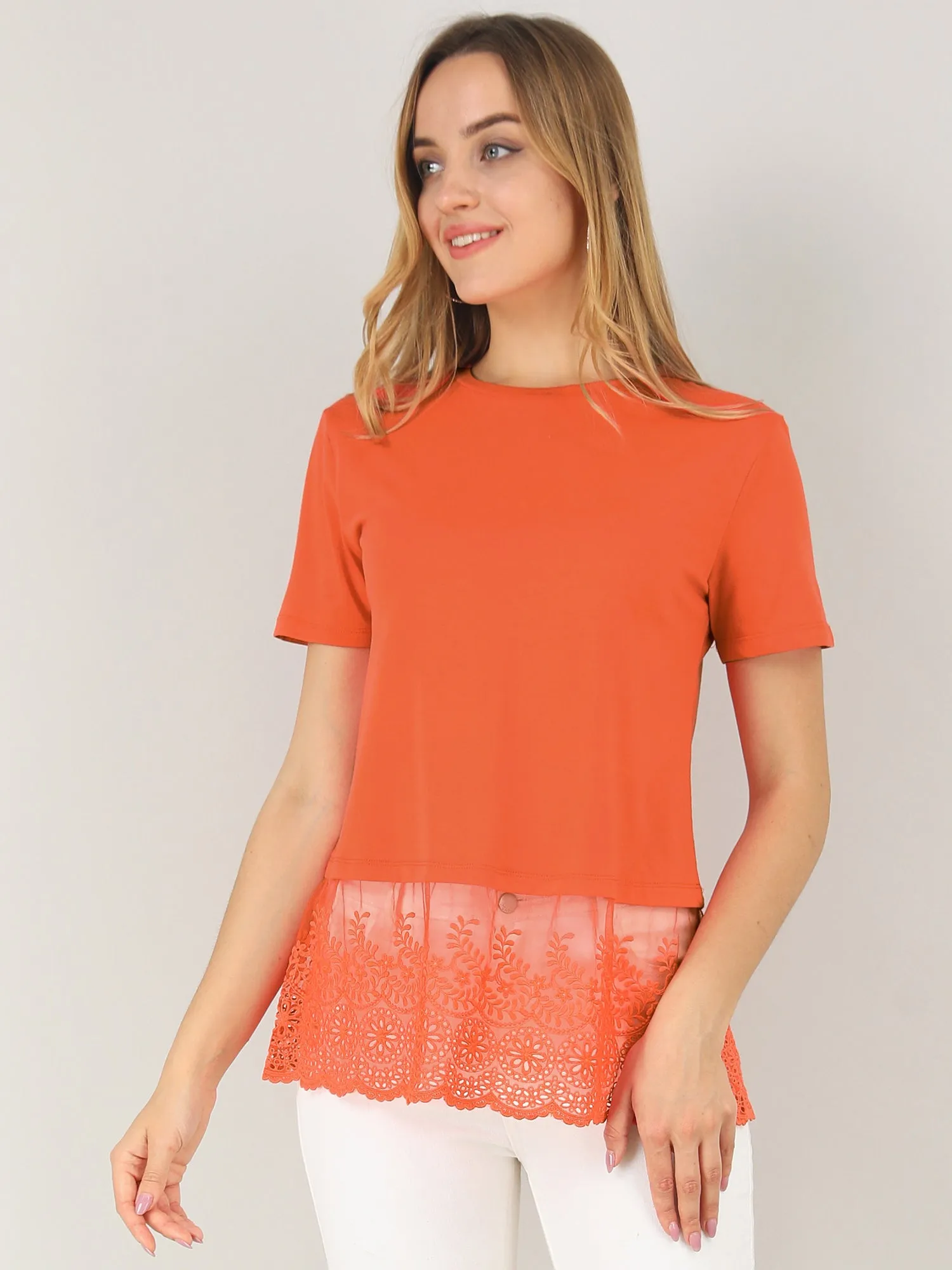 Casual Round Neck Sheer Panel Short Sleeve Knit Tiered Lace Blouse sold by Allegra K product image thumbnail 3