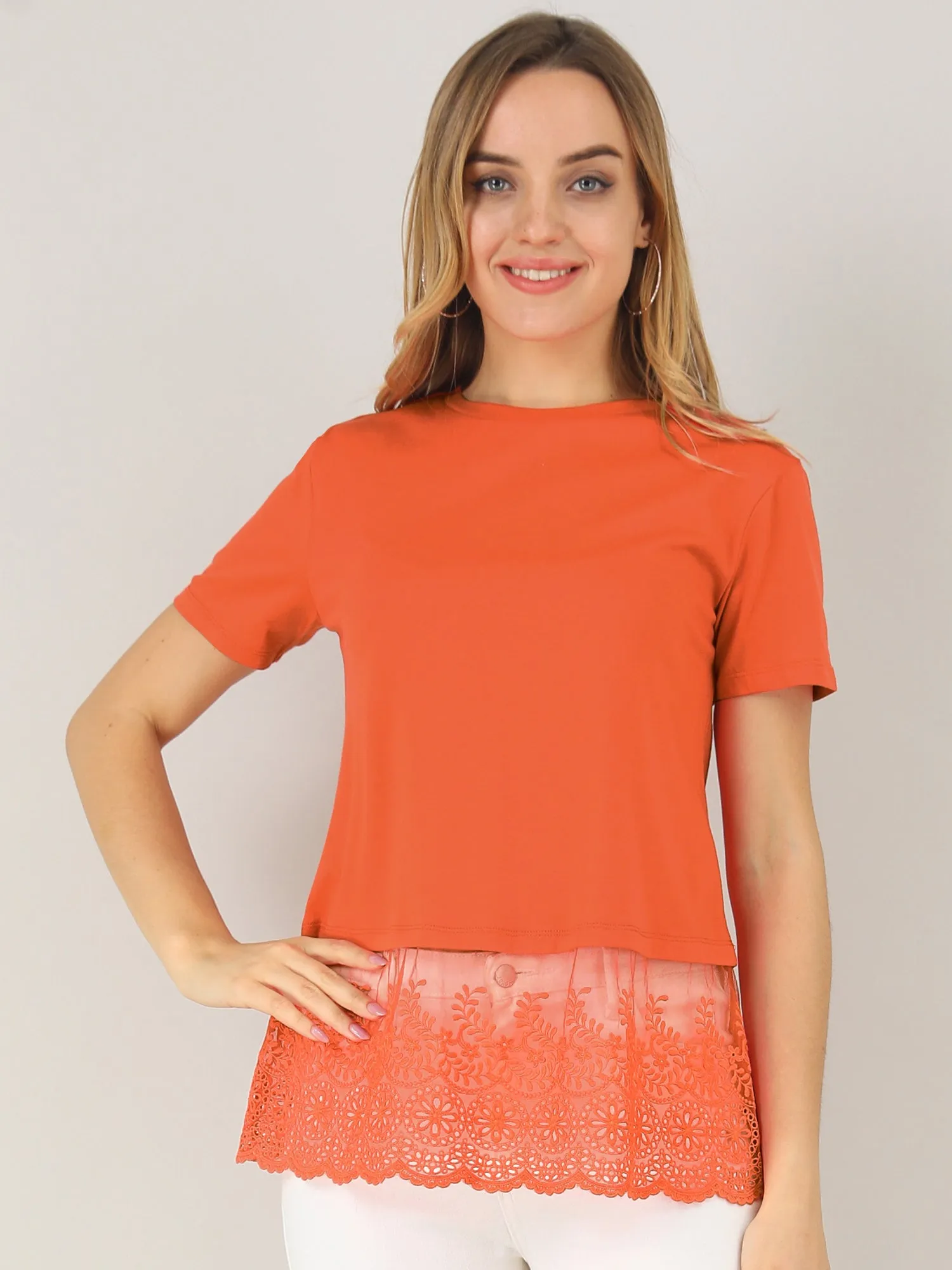 Casual Round Neck Sheer Panel Short Sleeve Knit Tiered Lace Blouse sold by Allegra K product image thumbnail 2