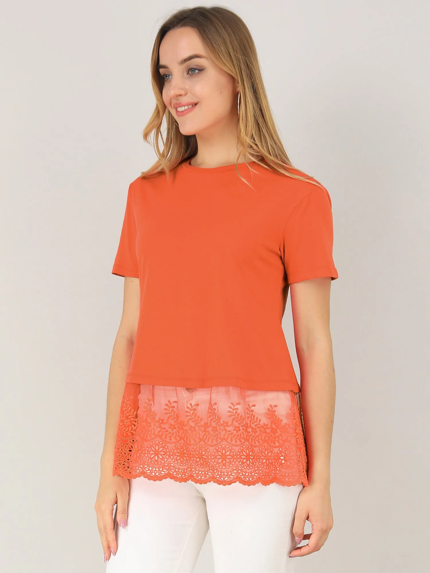 Casual Round Neck Sheer Panel Short Sleeve Knit Tiered Lace Blouse sold by Allegra K