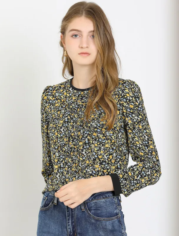 Button Down Back Long Sleeve Pleated Floral Printed Blouse sold by Allegra K