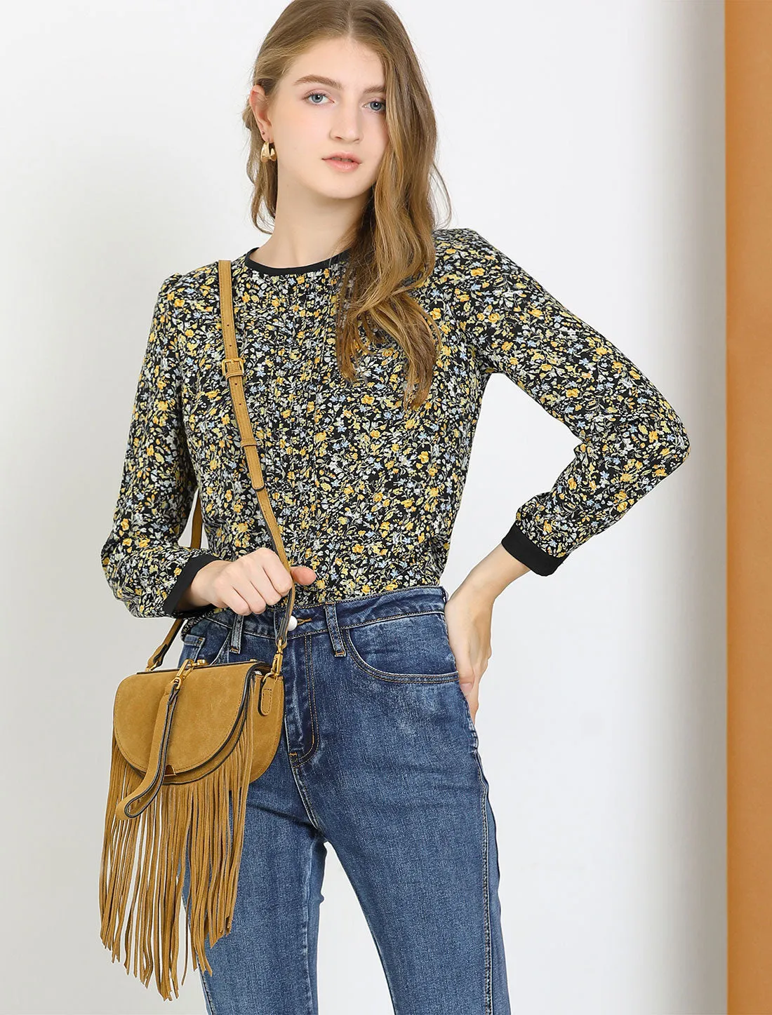 Button Down Back Long Sleeve Pleated Floral Printed Blouse sold by Allegra K product image thumbnail 2