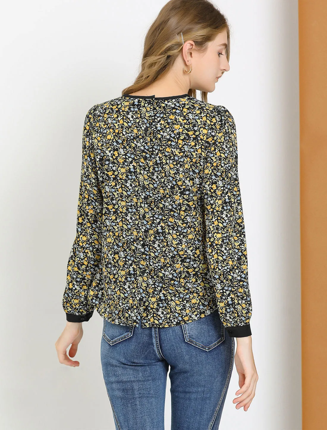 Button Down Back Long Sleeve Pleated Floral Printed Blouse sold by Allegra K product image thumbnail 5