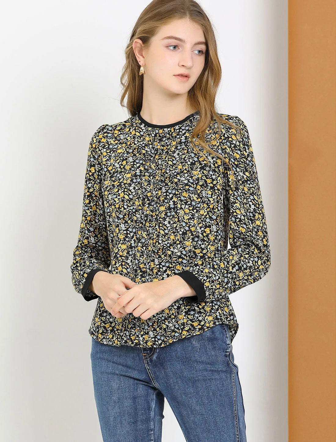 Button Down Back Long Sleeve Pleated Floral Printed Blouse sold by Allegra K product image thumbnail 4