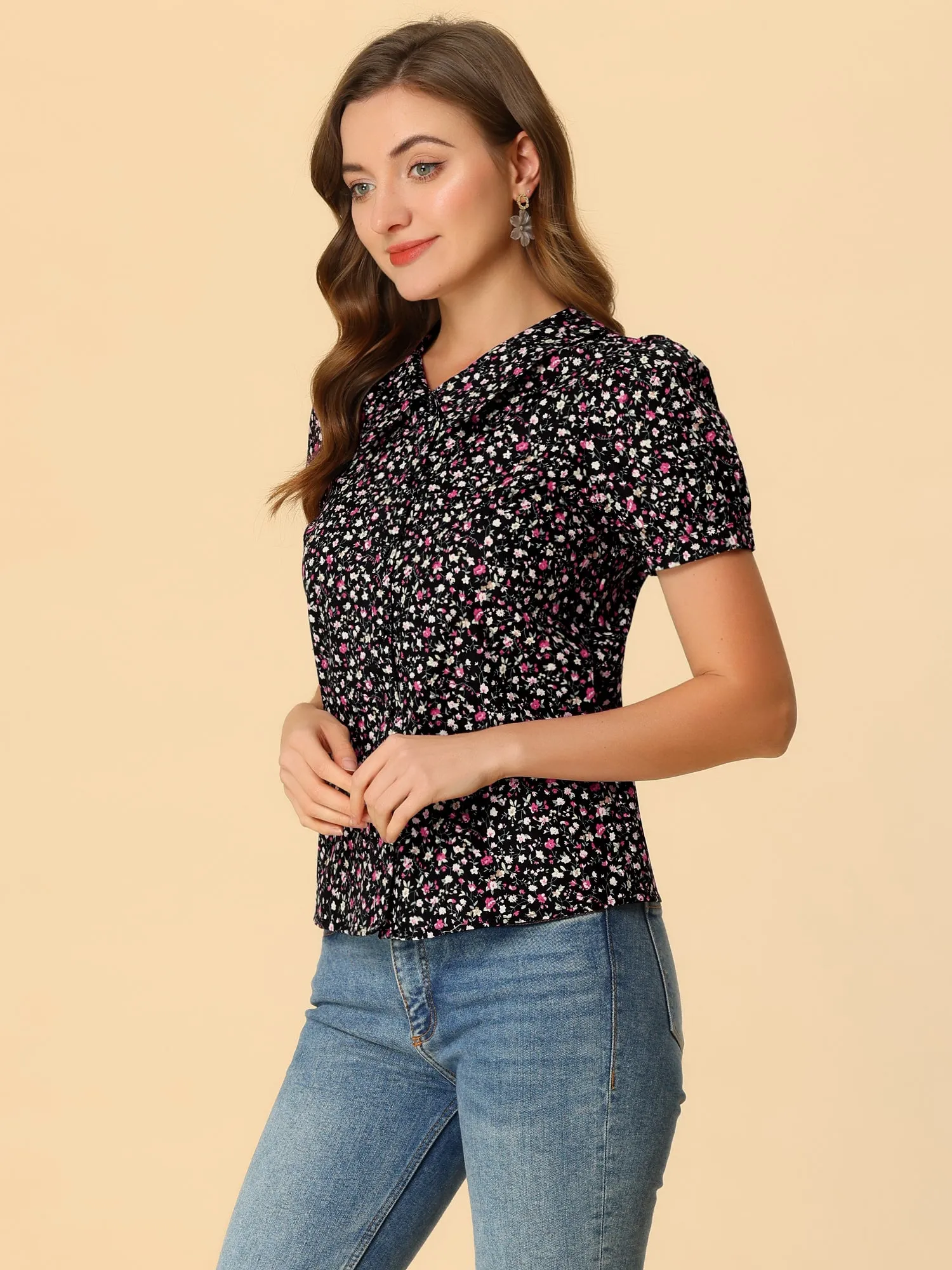 Puff Sleeve Shirt Point Collar Top Button Down Floral Blouse sold by Allegra K product image thumbnail 3