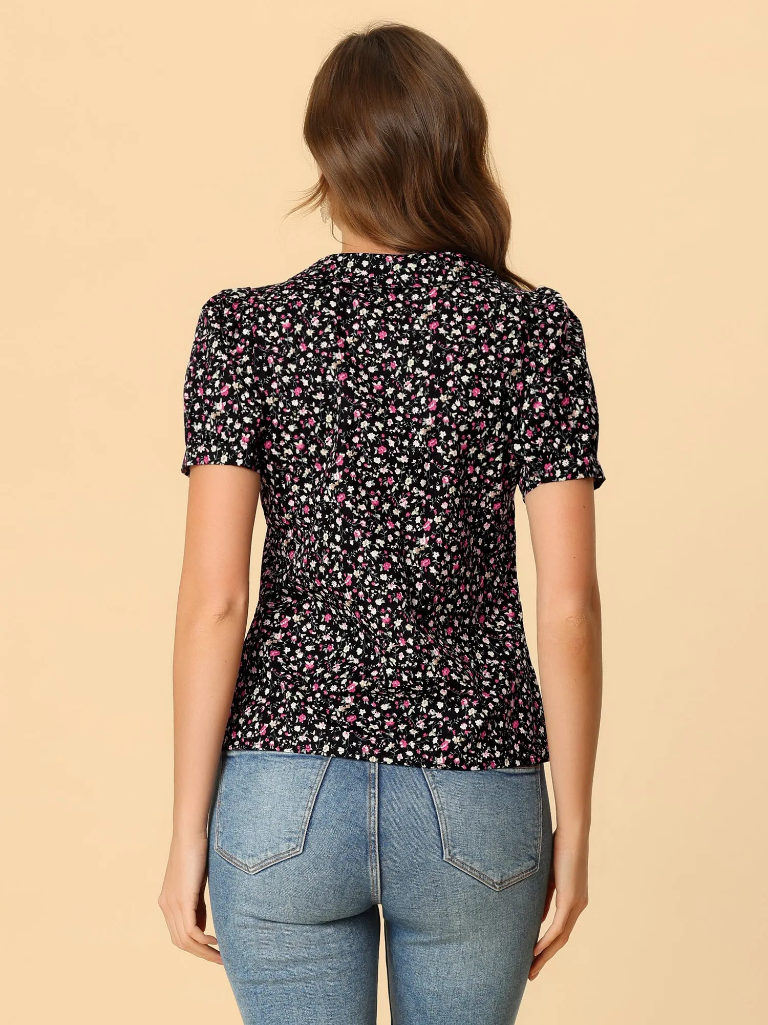 Puff Sleeve Shirt Point Collar Top Button Down Floral Blouse sold by Allegra K product image thumbnail 4