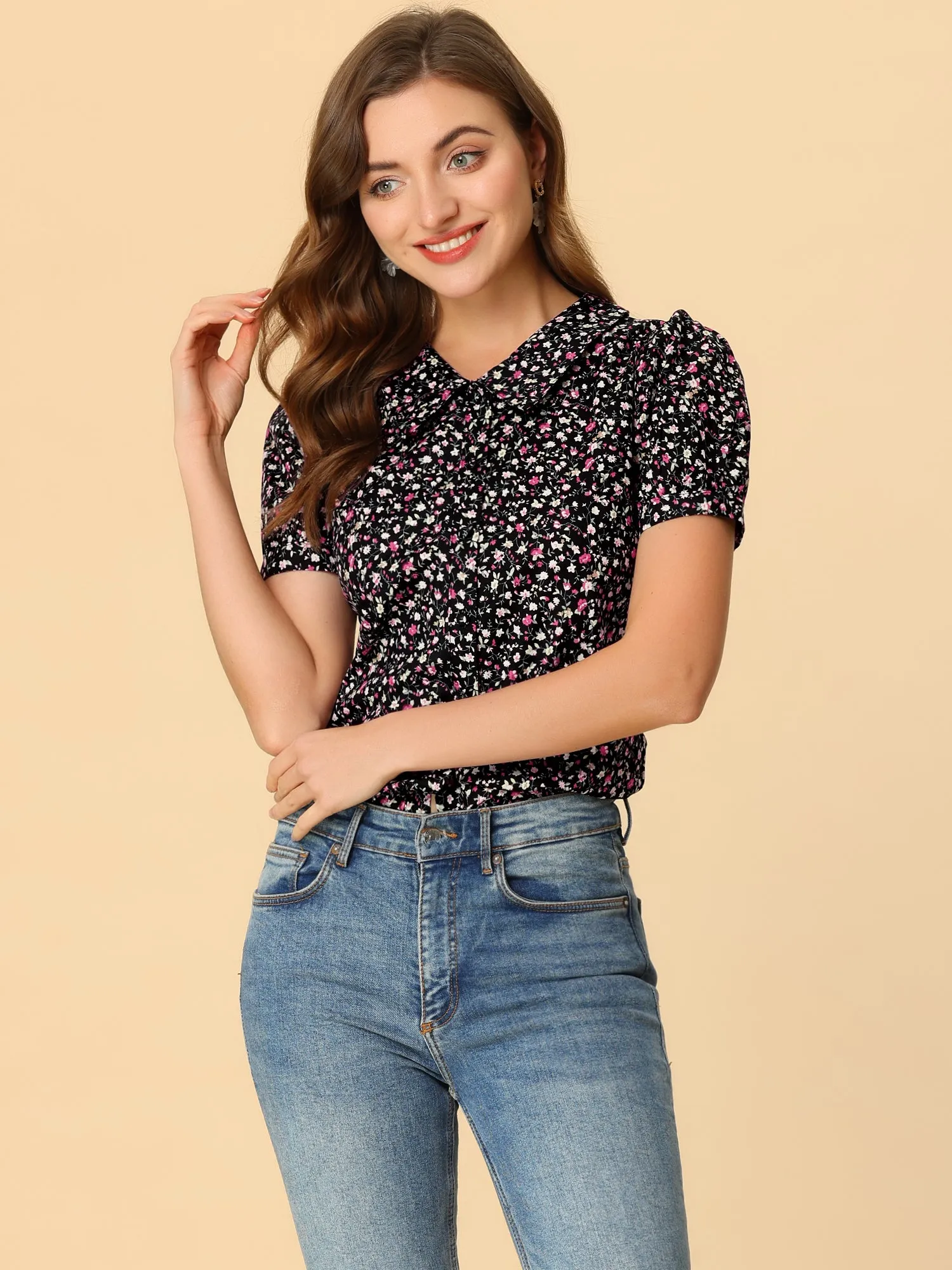 Puff Sleeve Shirt Point Collar Top Button Down Floral Blouse sold by Allegra K