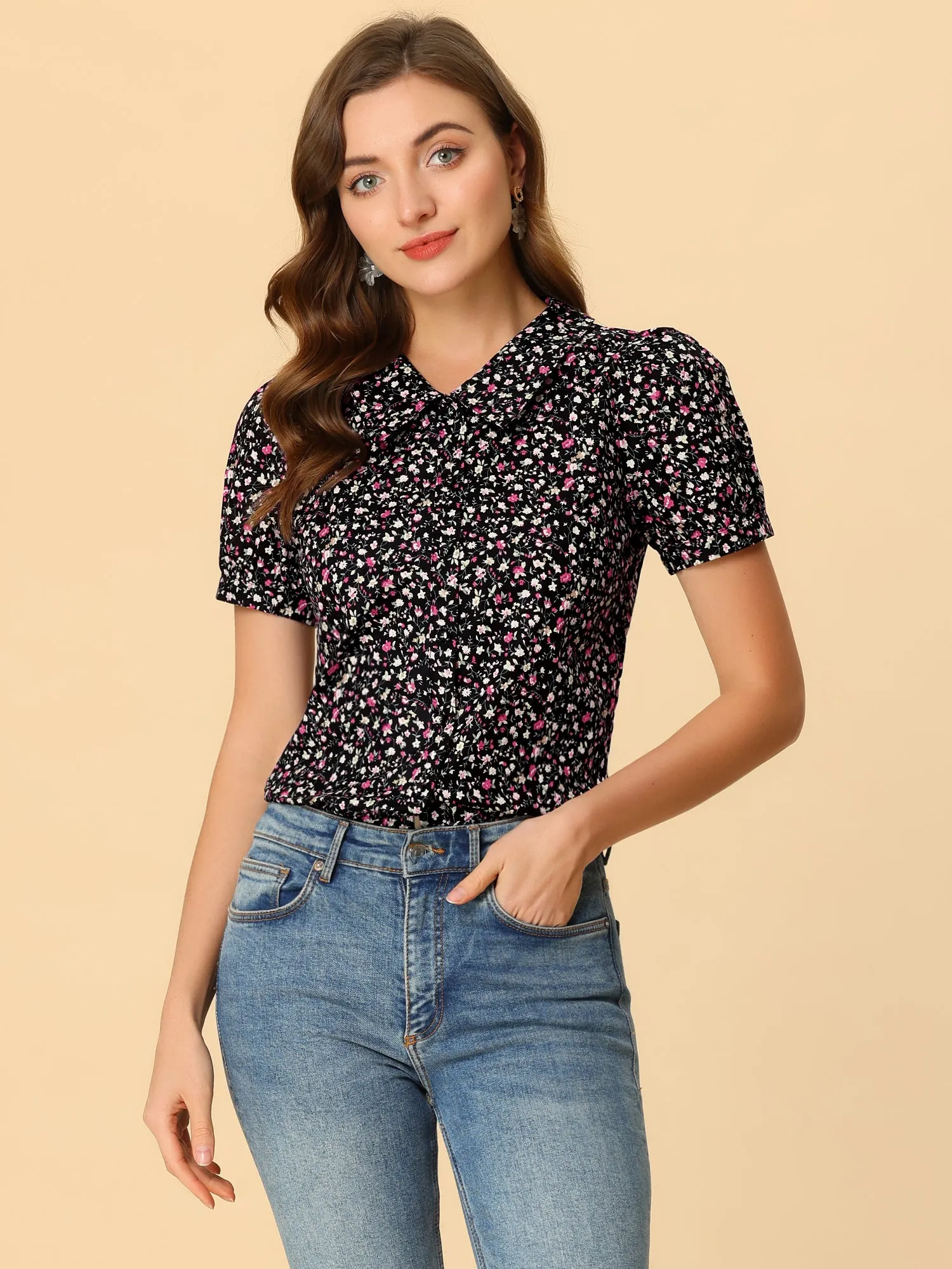 Puff Sleeve Shirt Point Collar Top Button Down Floral Blouse sold by Allegra K product image thumbnail 2