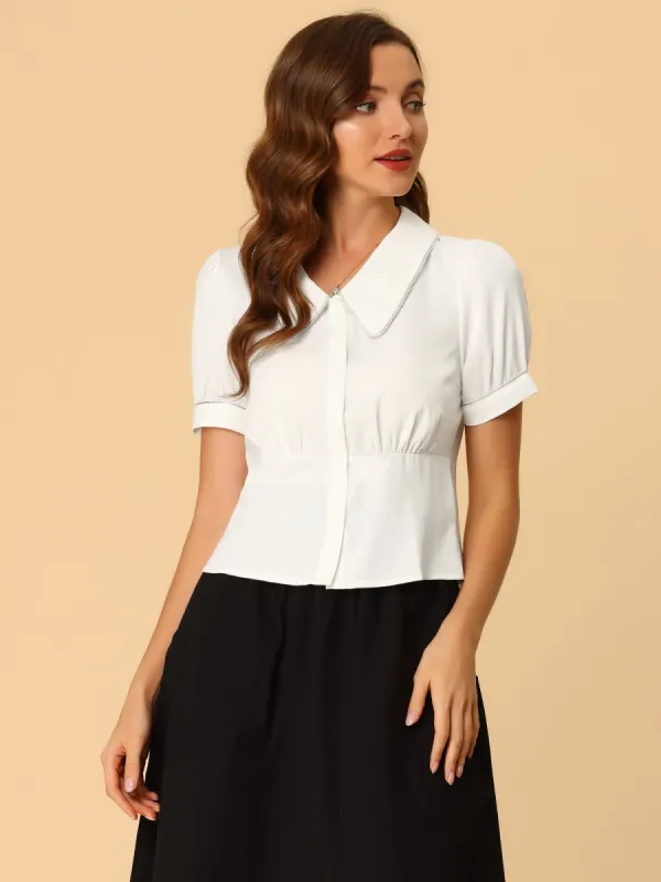 Work Blouse Contrast-Trim Puff Sleeve Peter Pan Collar Shirt Top sold by Allegra K