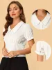 Work Blouse Contrast-Trim Puff Sleeve Peter Pan Collar Shirt Top sold by Allegra K